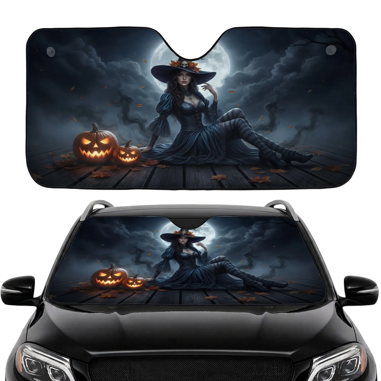 Gothic Witch Woman Jack-o'-lantern Moon - Dark Fantasy Decor Gift Car Sunshade - 1