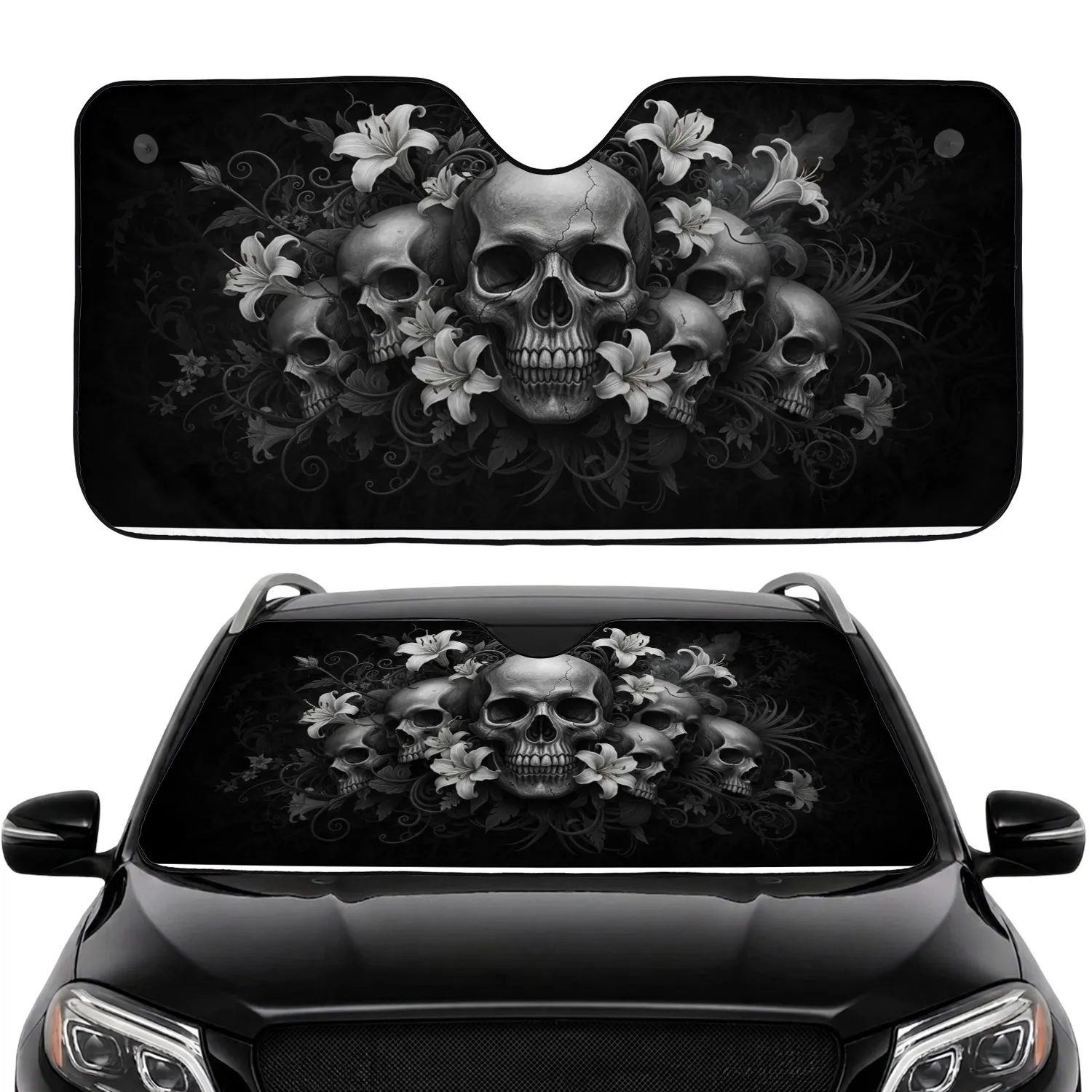 Human Skulls White Flowers Botanical Vines - Gothic Decor Gift for Dark Art Lovers Car Sunshade - 1