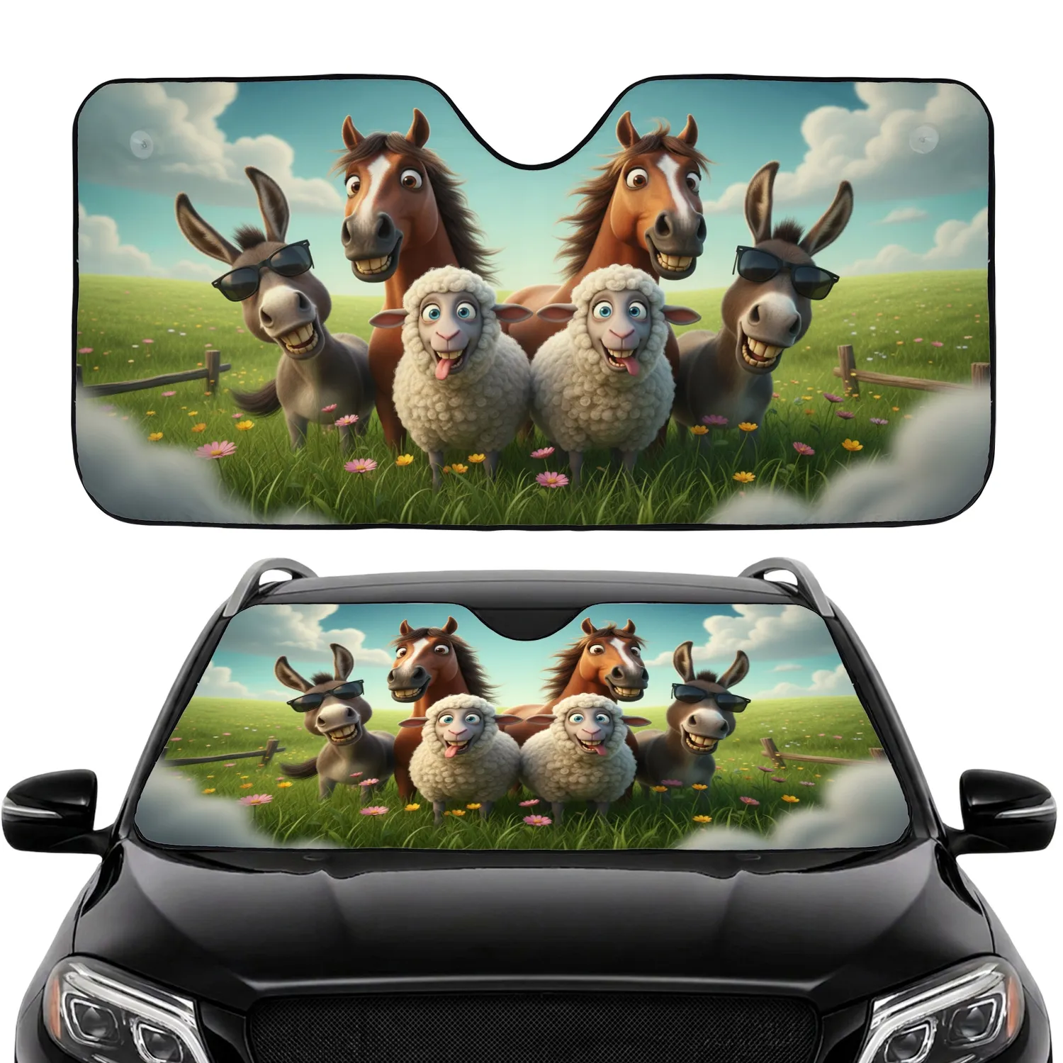 Grinning Farm Animals Sunglasses Pasture Wildflowers - Farmhouse Animal Lover Gift Car Sunshade - 1