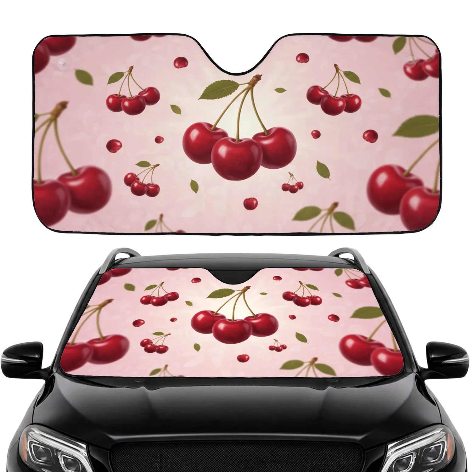 Glossy Ripe Red Cherries Green Leaves - Decor Gift for Fruit Lover Car Sunshade - 1