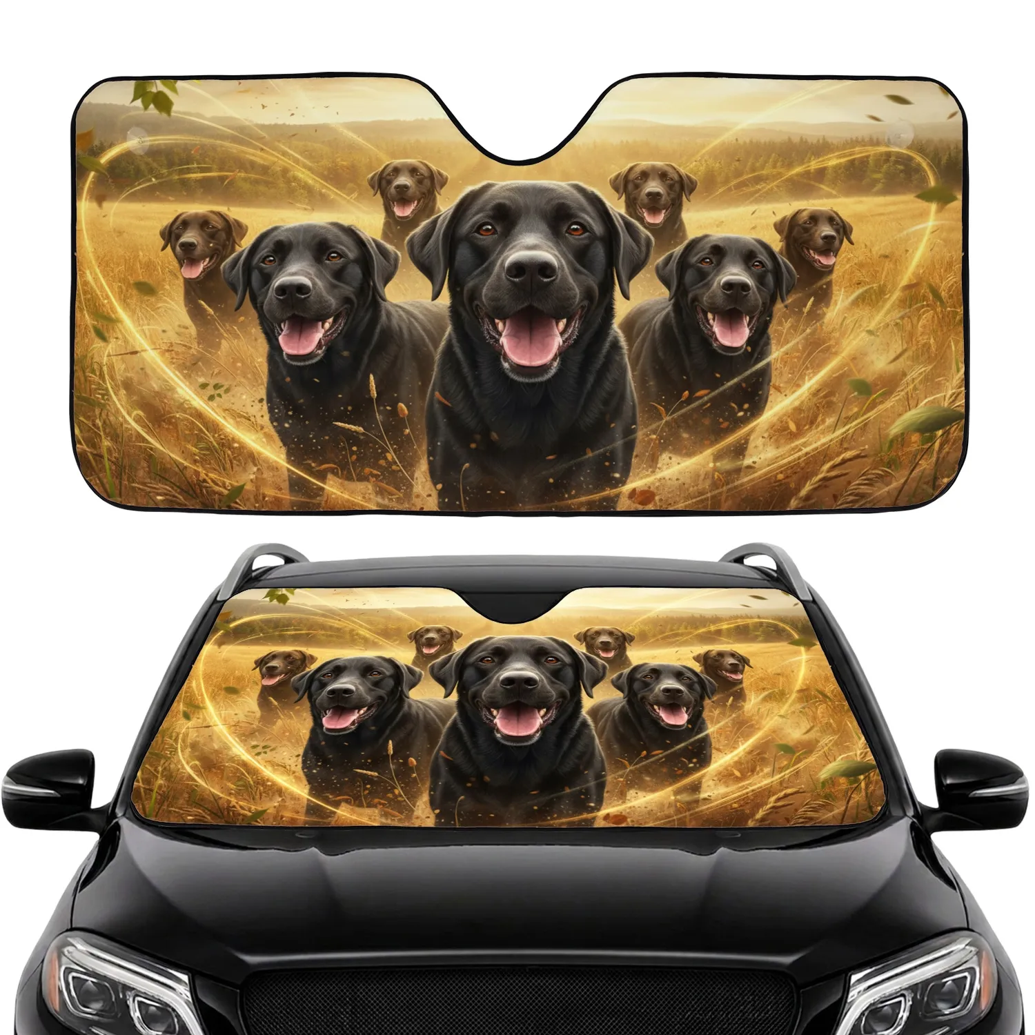 Black Labrador Dogs Golden Hour Landscape - Outdoor Adventure Dog Lover Gift Car Sunshade - 1
