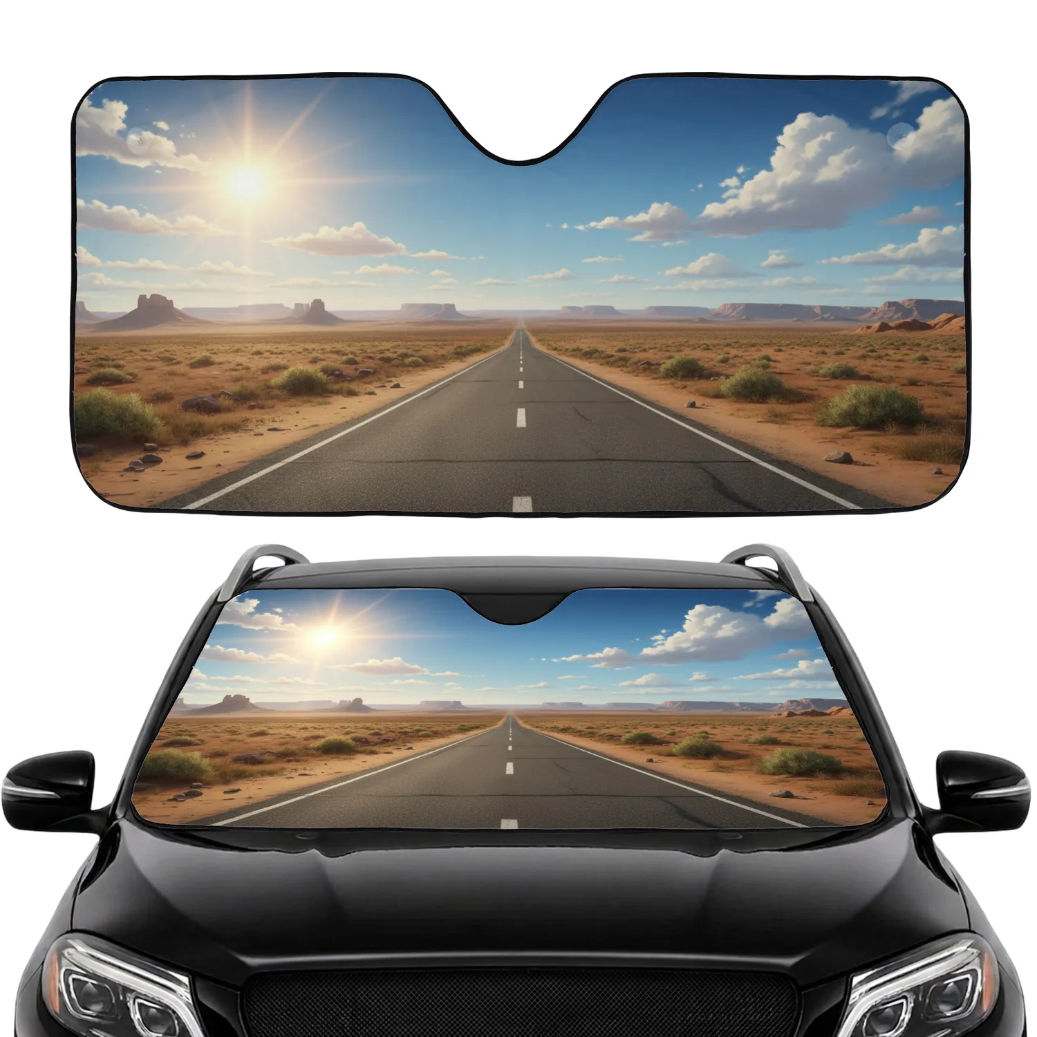 Desert Highway Mesas Sunny Landscape - Travel Essentials Road Trip Gift Car Sunshade - 1