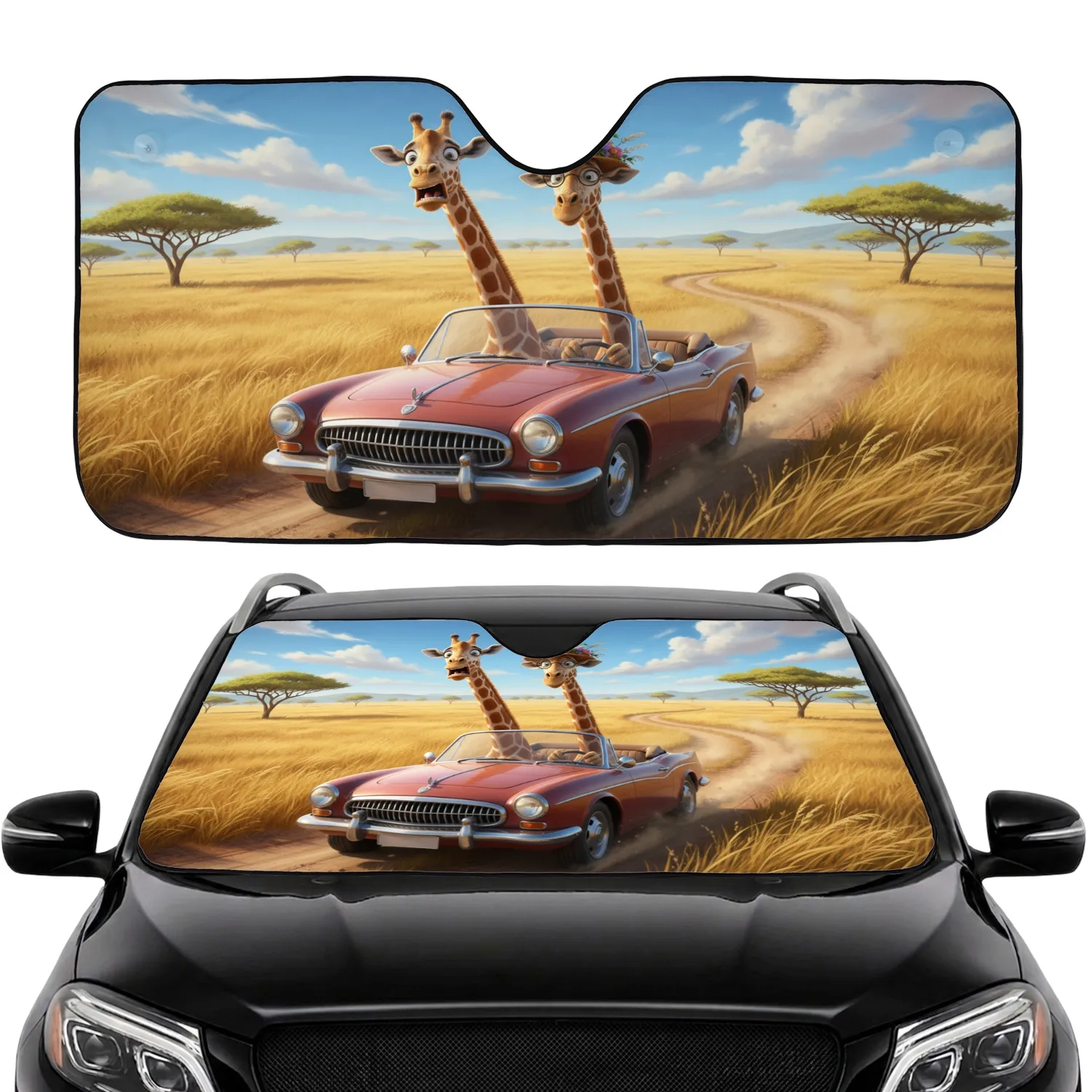 Panicked & Spectacled Giraffes Driving Convertible Car Savanna - Wildlife Lover Gift Car Sunshade - 1