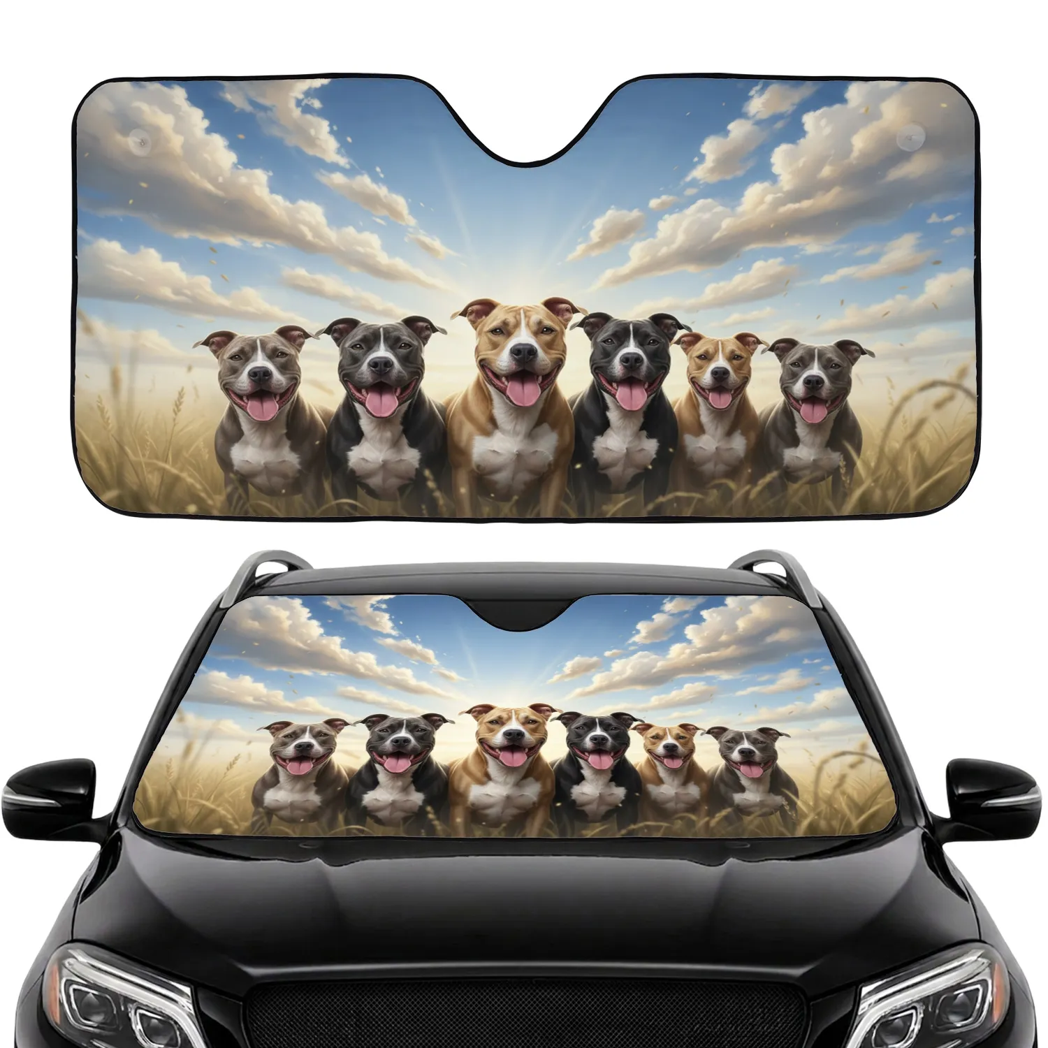 Six Smiling Pit Bull Terriers Outdoor Sun-Kissed Grass Sky - Dog Lover Gift Car Sunshade - 1
