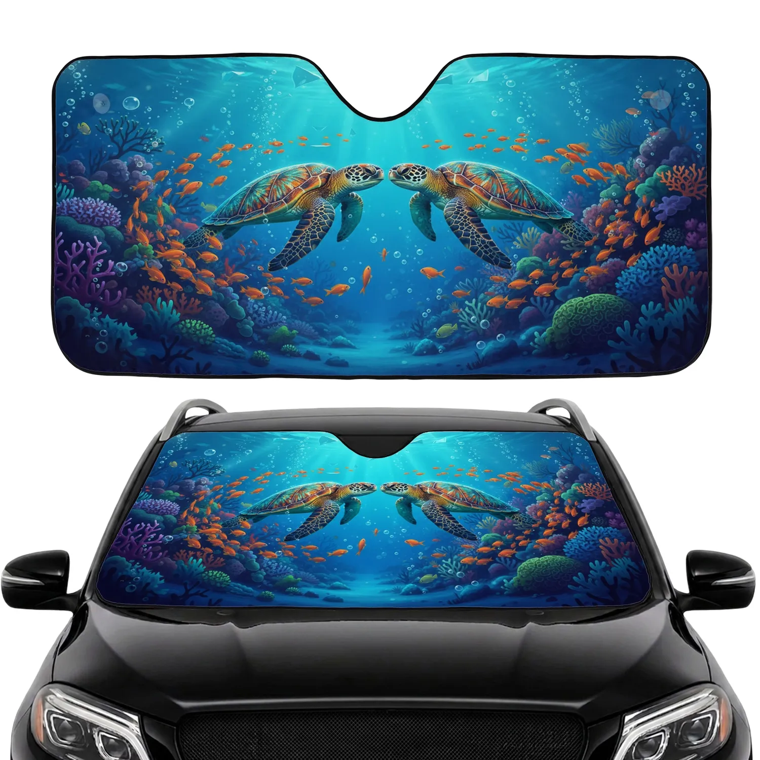 Majestic Sea Turtles Noses Touching Vibrant Coral Reef Tropical Fish - Marine Life Gift Car Sunshade - 1