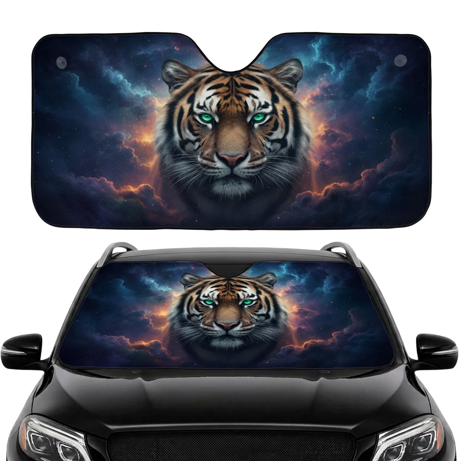 Majestic Powerful Tiger Head Fierce Gaze Cosmic Nebula Galaxy - Wildlife Lover Gift Car Sunshade - 1