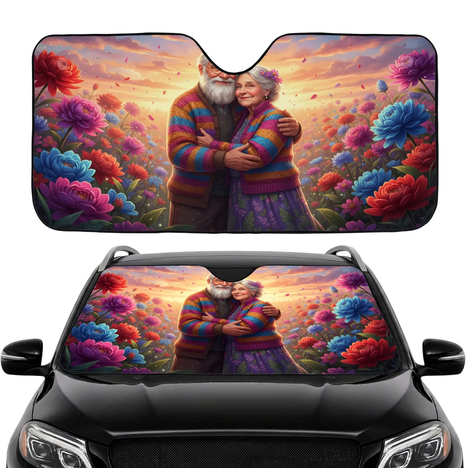 Elderly Couple Embracing Fantastical Flowers - Decor Gift for Grandparents Car Sunshade - 1