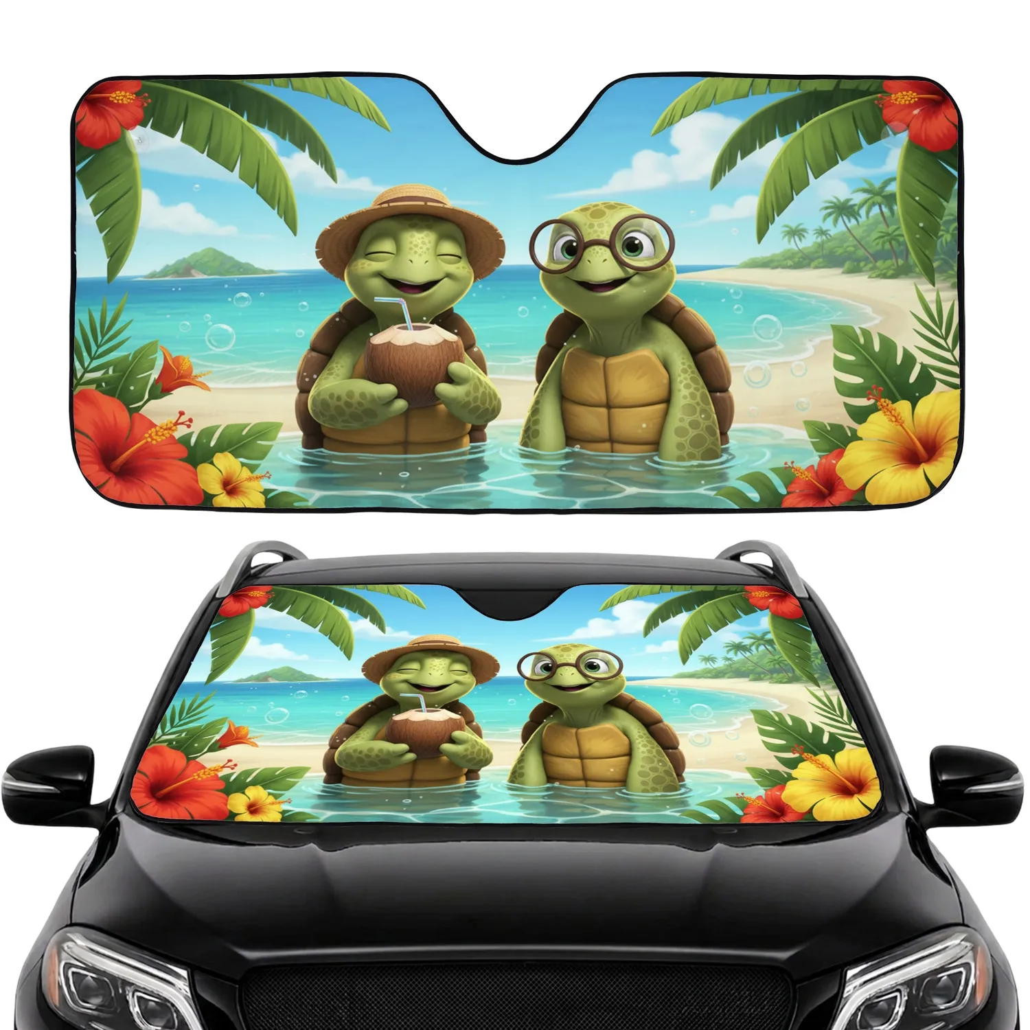 Tropical Beach Turtles Hibiscus Palm - Beach Vacation Gift Car Sunshade - 1
