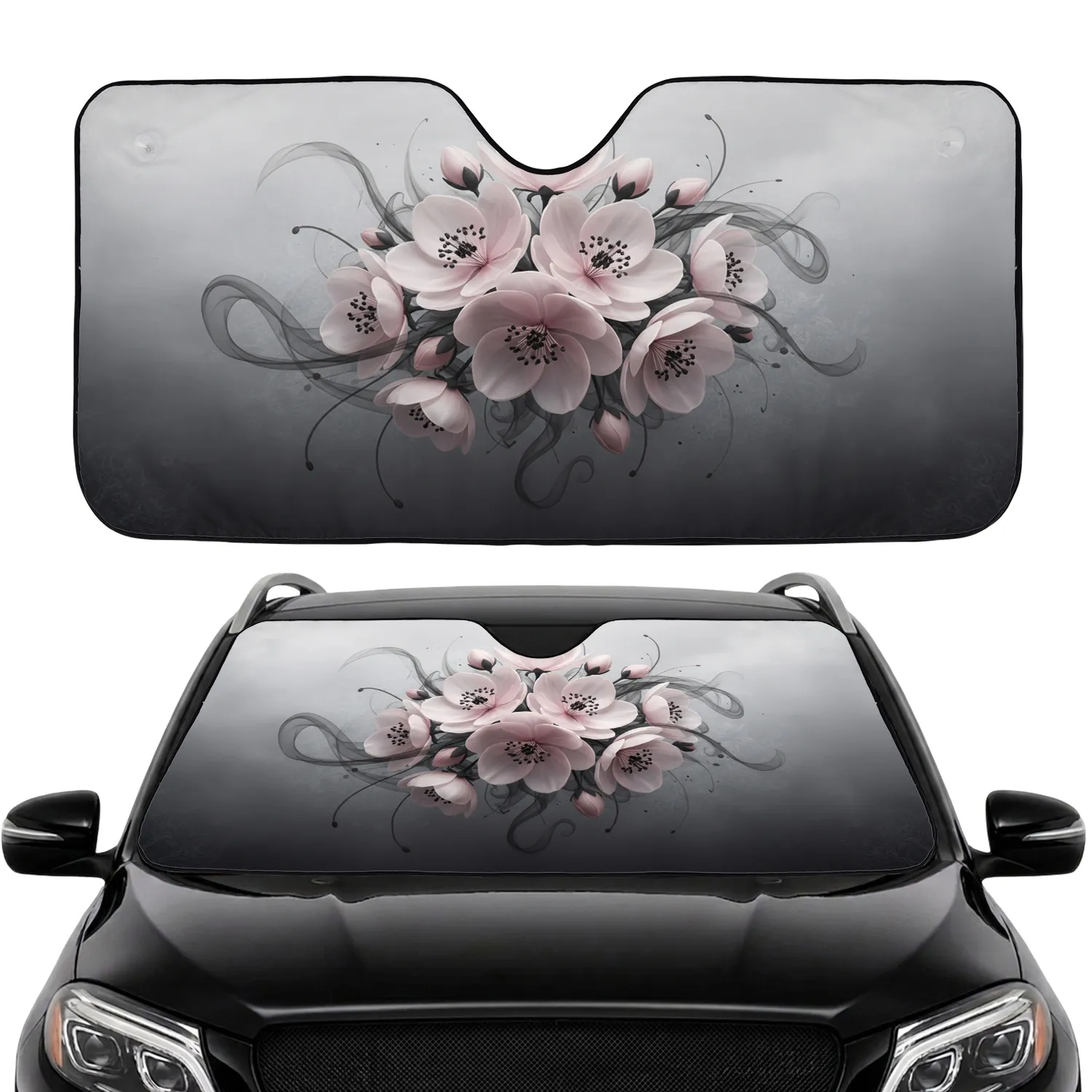 Diffused Pink Petals Black Stamens Smoky Tendrils Shadowy Clouds Car Sunshade - 1