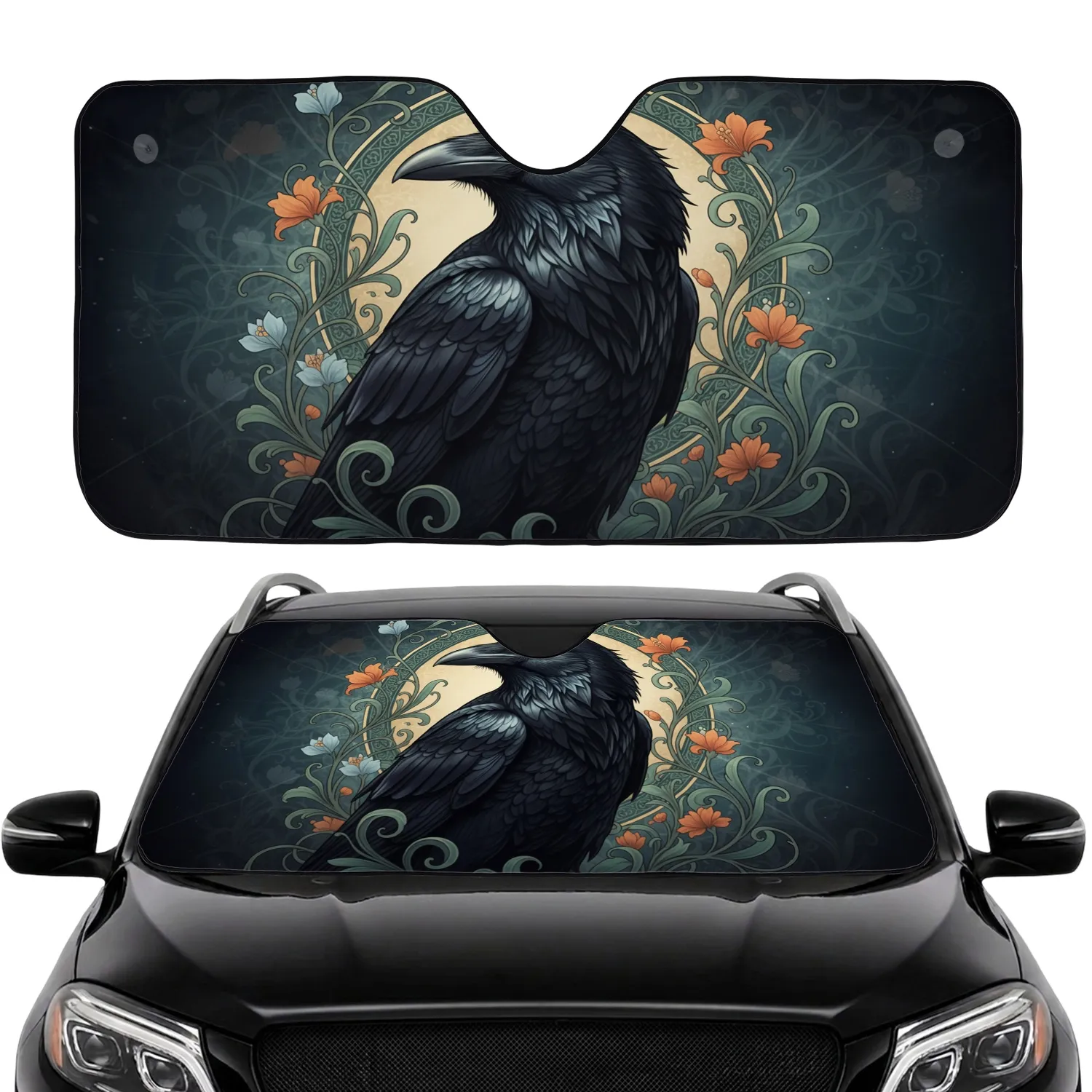 Black Raven Swirling Botanical Orange Gold Teal Flowers - Nature Lover Gift for Bird Lover Car Sunshade - 1