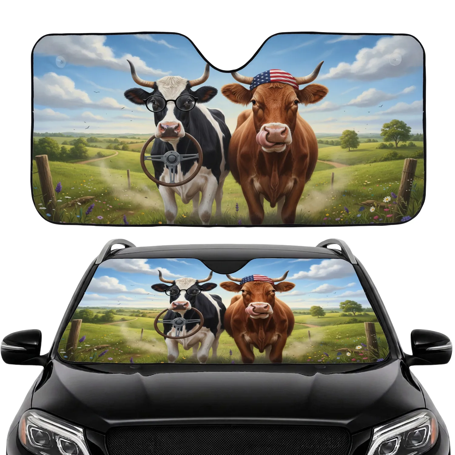 American Flag Bandana Cow Driving Dairy Cow Farm Pasture - Farmhouse Decor Gift Car Sunshade - 1