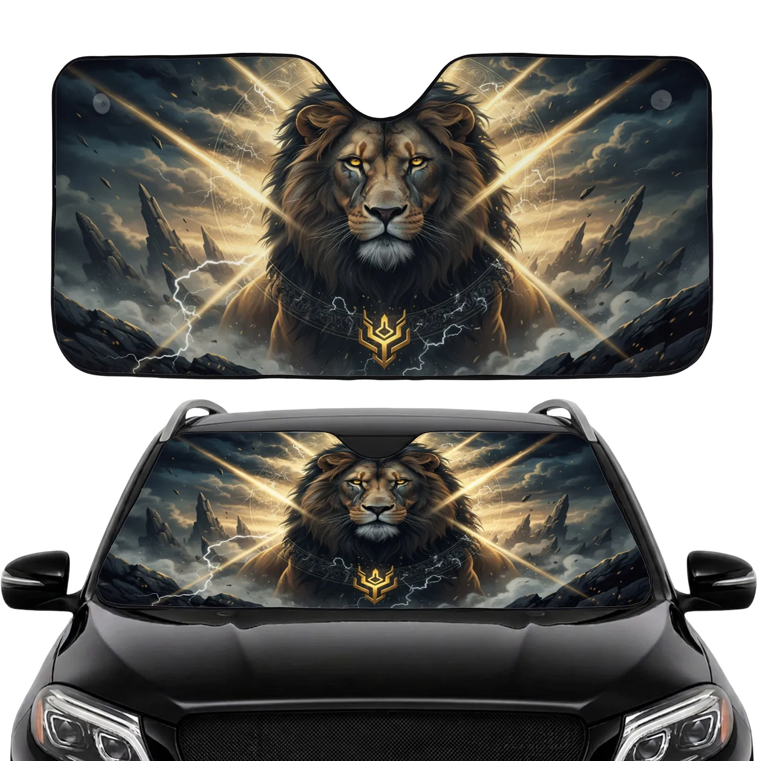 Majestic Lion Dark Mane Piercing Eyes Primal Stormy Landscape - Wildlife Lover Gift Car Sunshade - 1