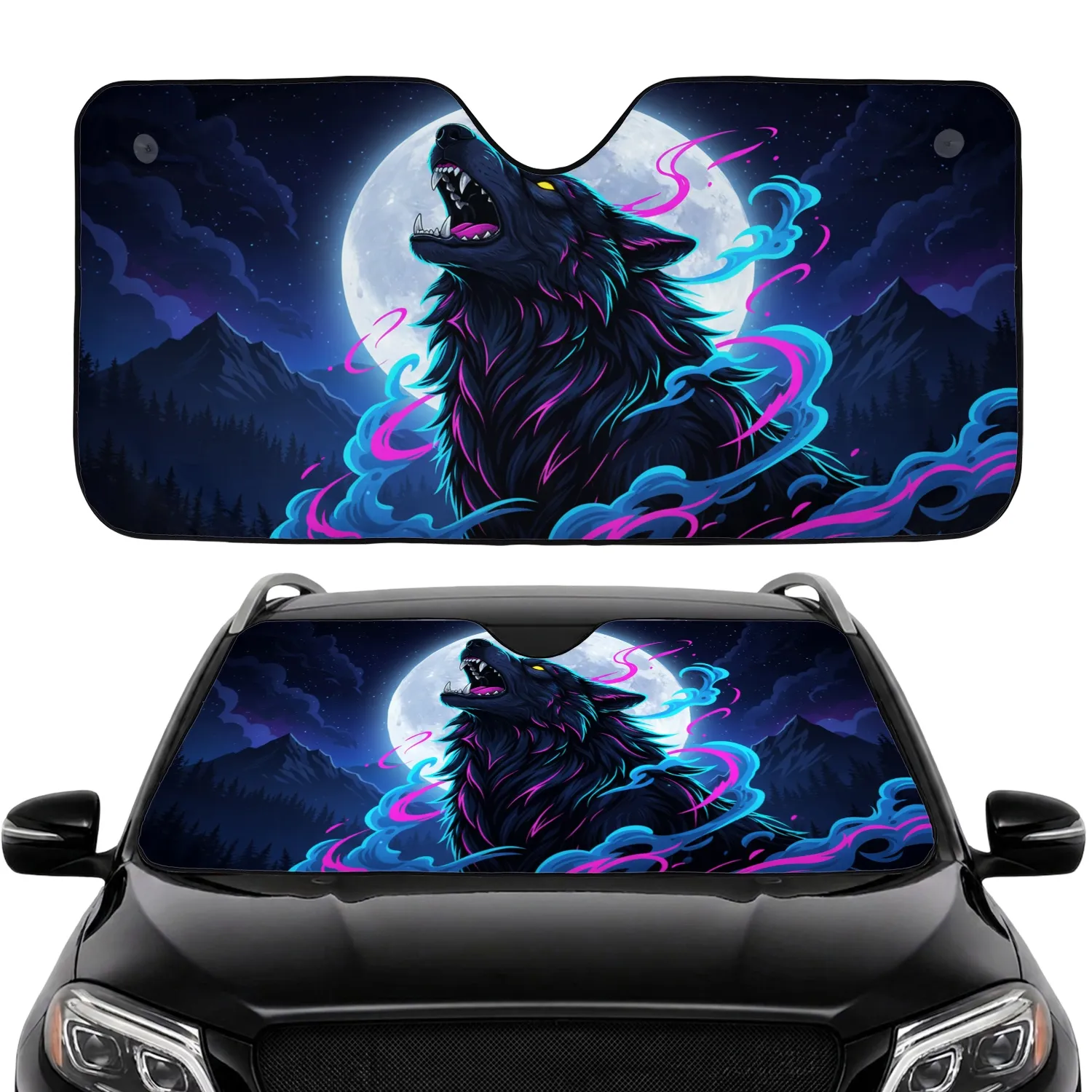Black Wolf Neon Streaks Luminous Moon - Night Drive Gift Car Sunshade - 1