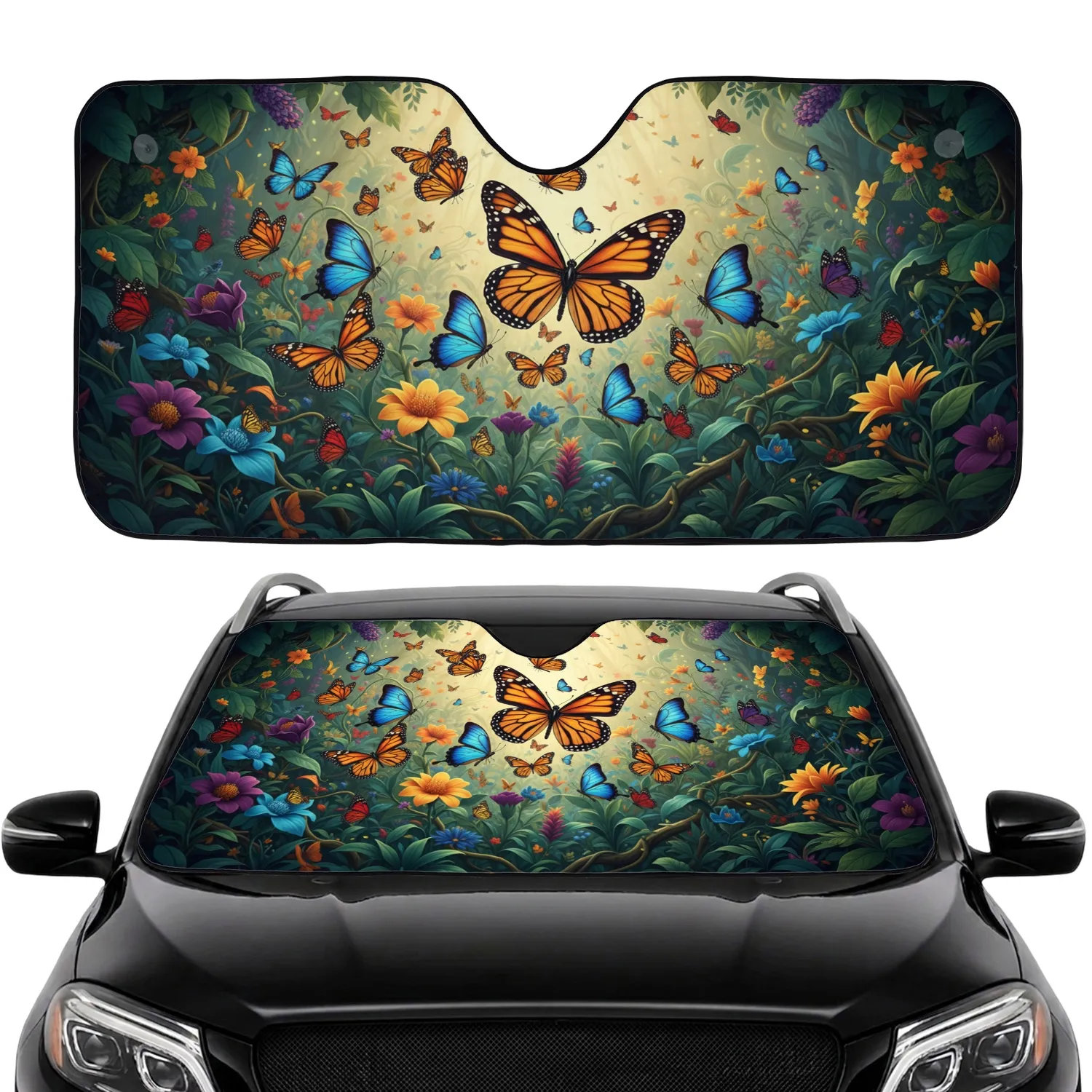 Monarch Blue Butterflies Lush Green Foliage Flowers - Wildlife Lover Gift Car Sunshade - 1