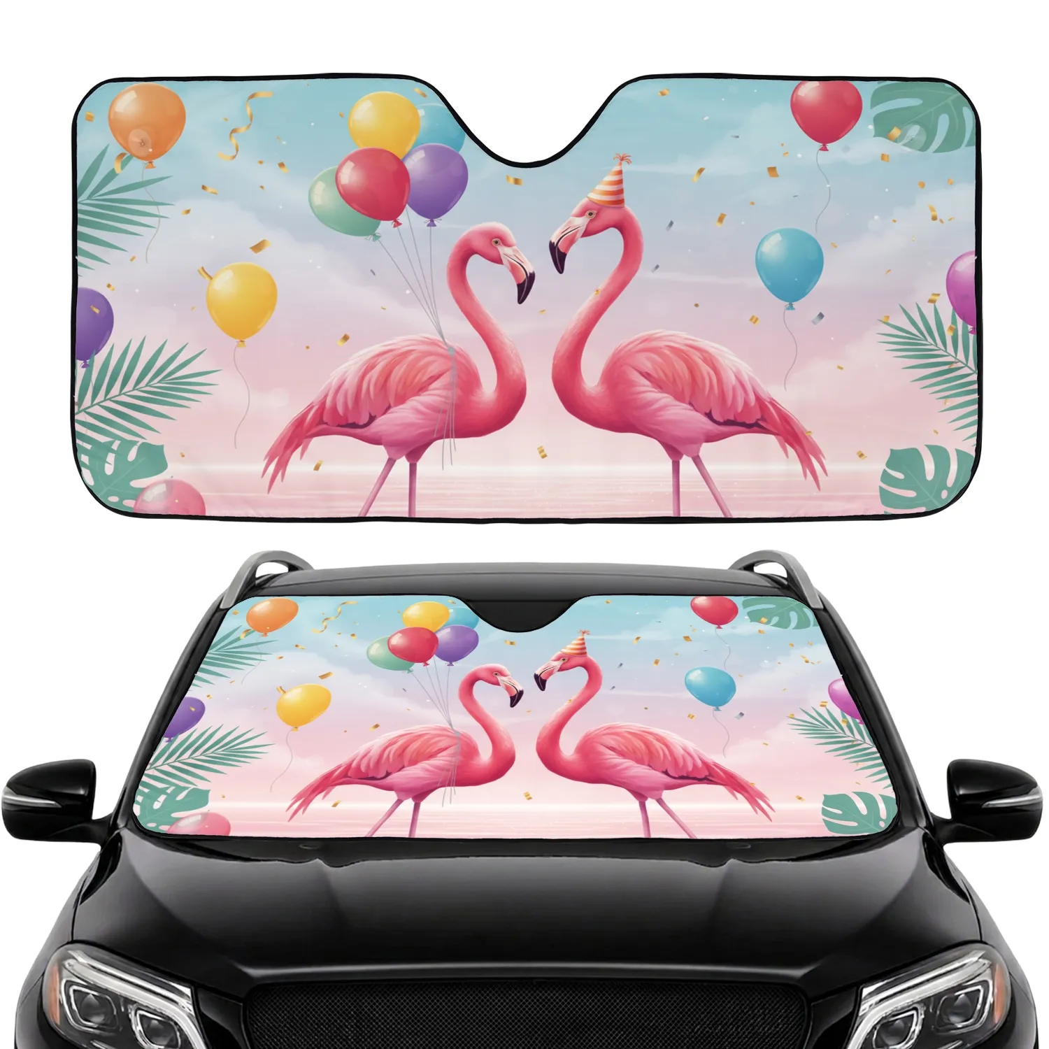 Pink Flamingos Party Balloons Tropical Sky - Celebration Gift for Flamingo Lover Car Sunshade - 1