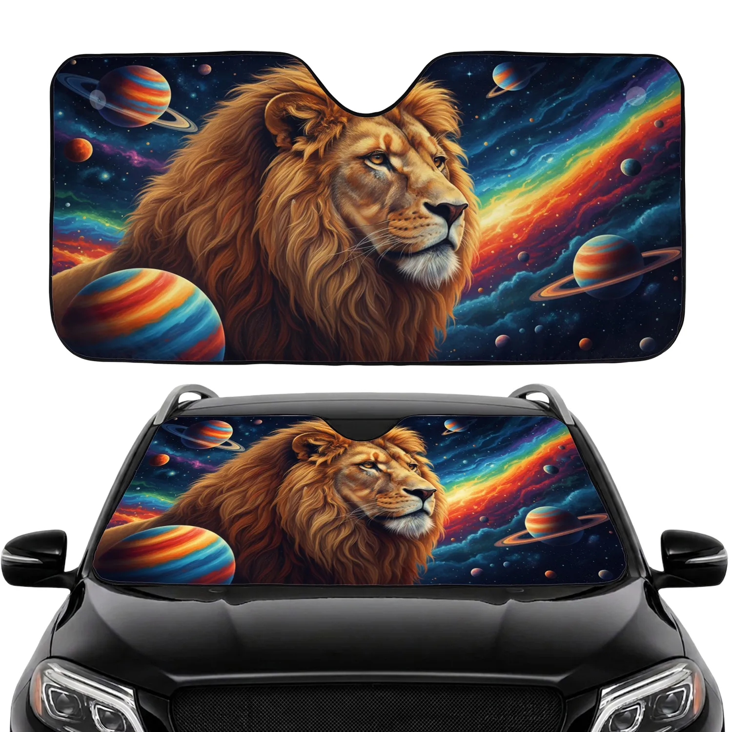 Lion's Head Profile Cosmic Galaxy Planets Ringed - Space Lover Wildlife Enthusiast Gift Car Sunshade - 1