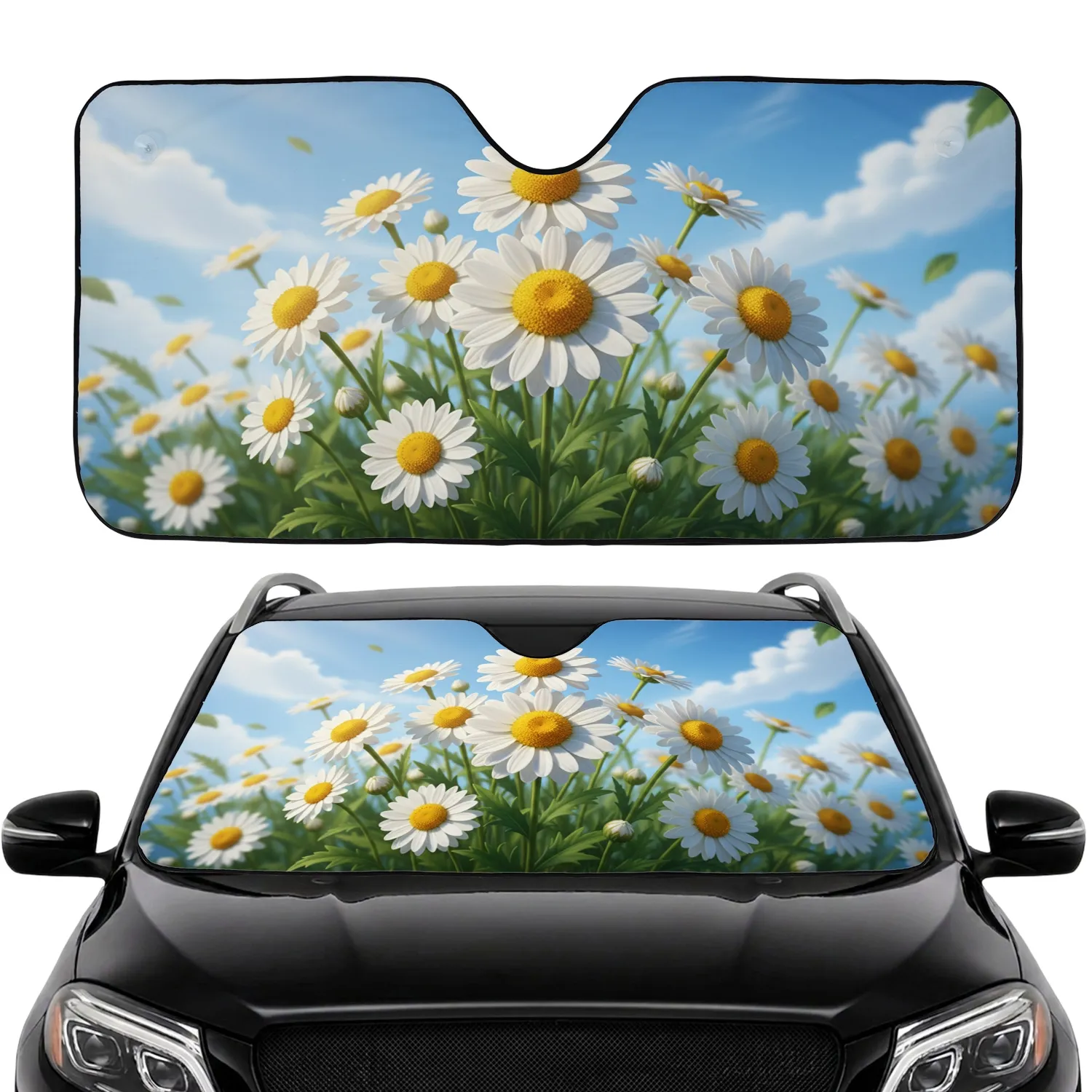 White Daisy Flowers Cluster Green Leaves - Everyday Nature Lover Gift Car Sunshade - 1