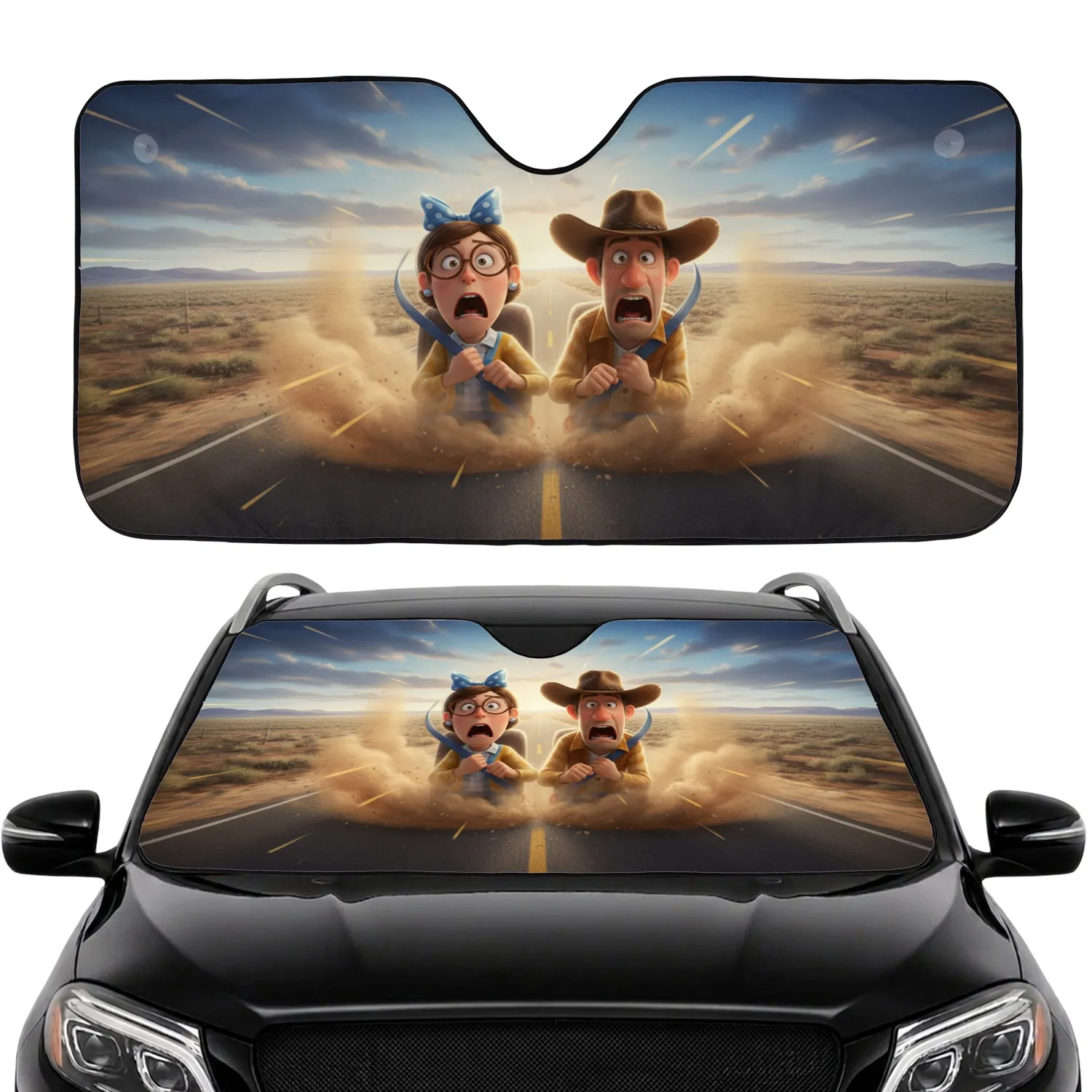 Cowboy Man Woman Shocked Desert Road Trip Essentials Car Sunshade - 1