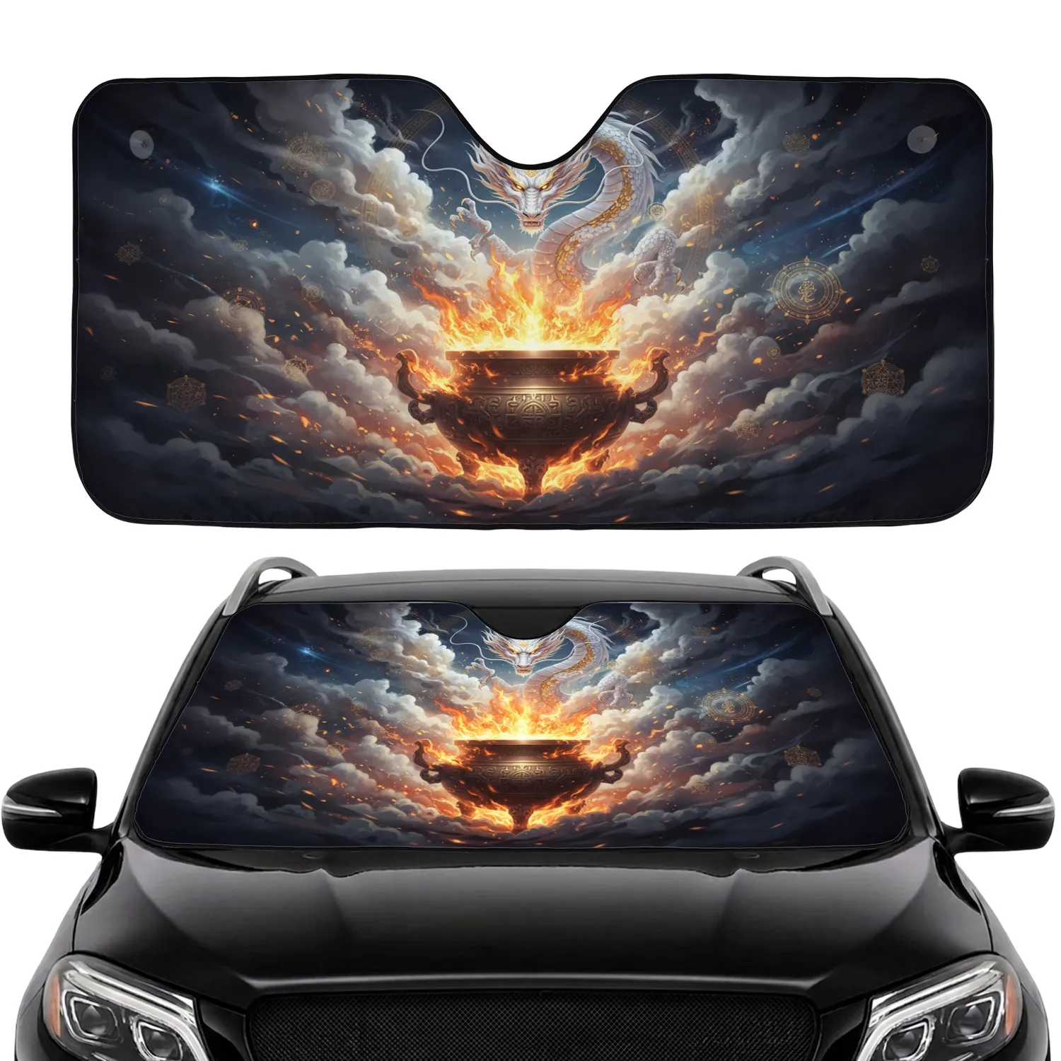 Majestic White Eastern Dragon Ornate Cauldron Flames Cosmic Clouds - Fantasy Lover Gift Car Sunshade - 1