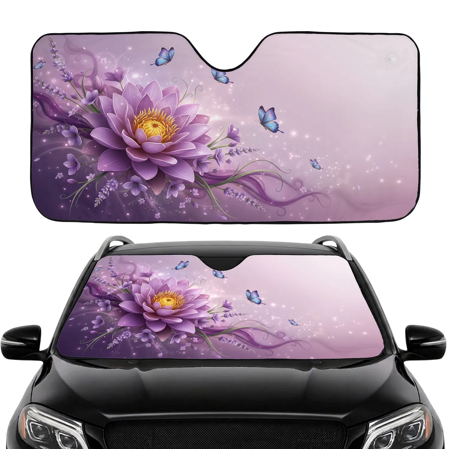 Purple Lotus Lavender Butterflies - Decor Gift for Yoga Lover Car Sunshade - 1