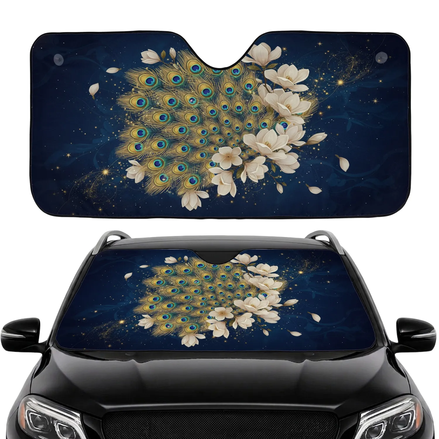 Iridescent Golden Peacock Feathers Magnolia Blossom Car Sunshade - 1