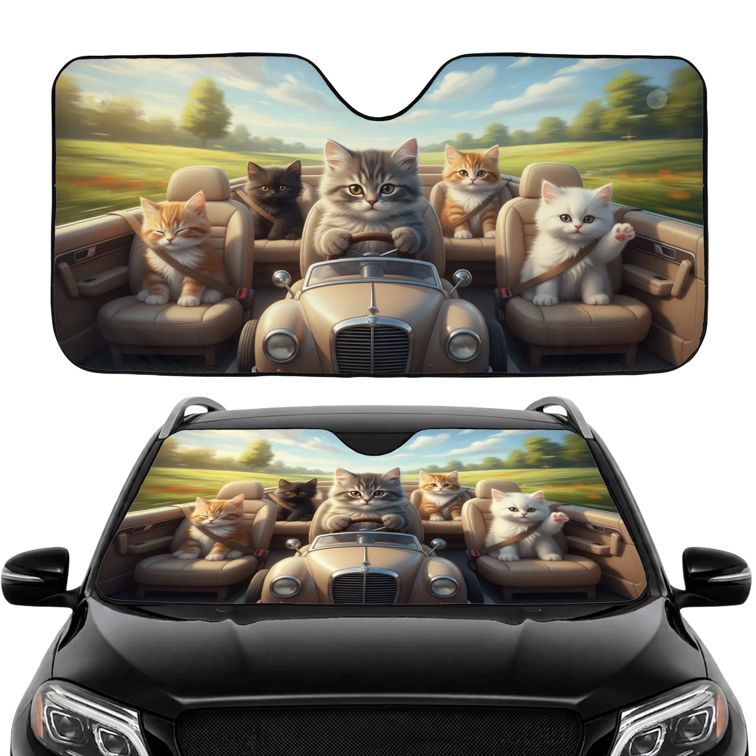 Six Fluffy Kittens Road Trip Car Interior Decor - Travel Essentials Cat Lover Gift Car Sunshade - 1