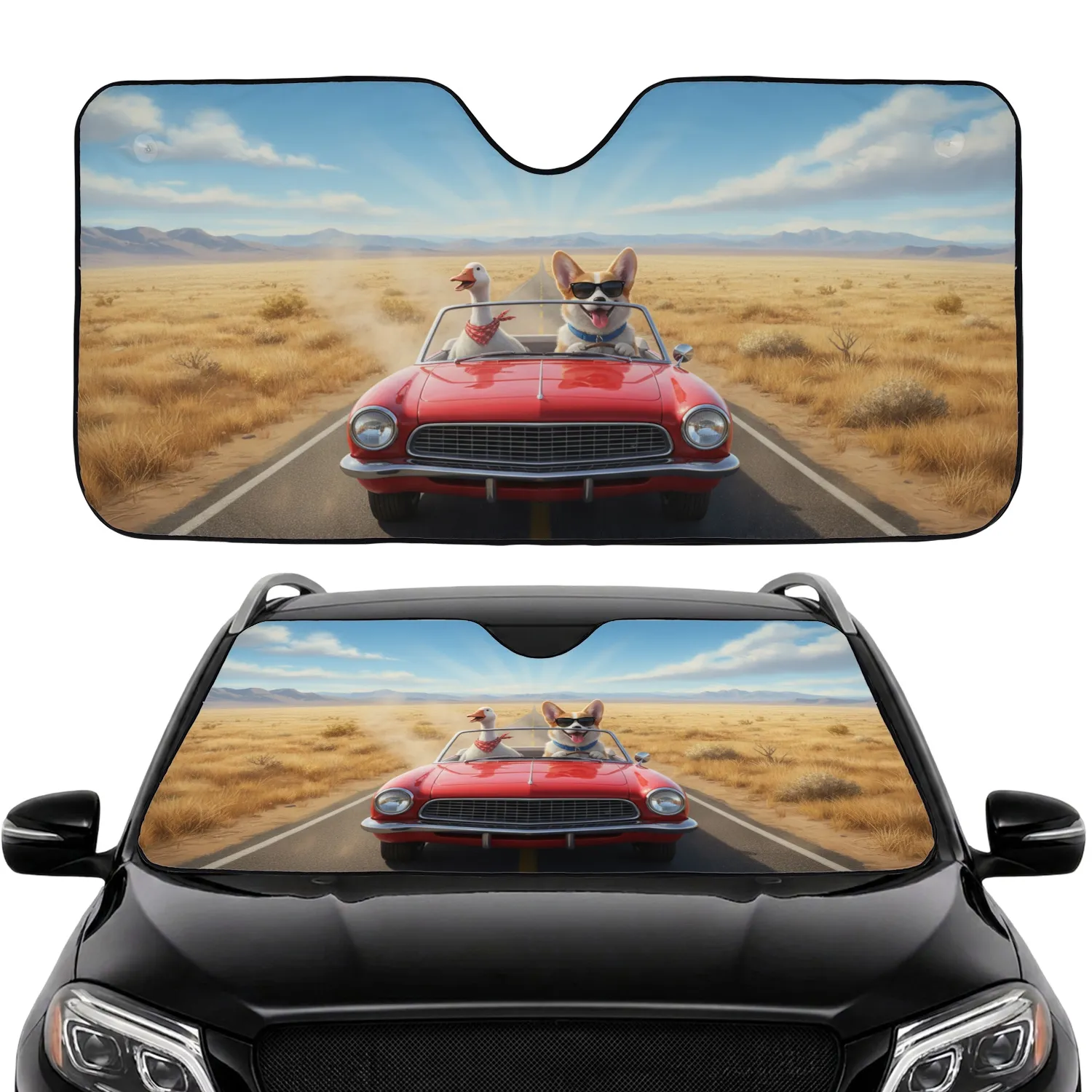 Corgi Dog Goose Convertible Desert Drive - Adventure Lover Travel Essentials Car Sunshade - 1