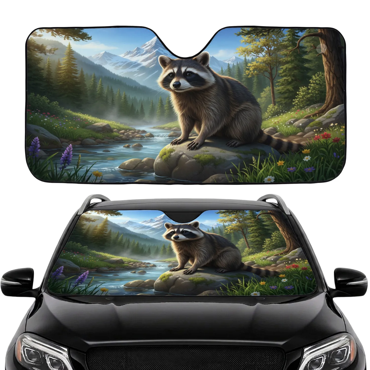 Raccoon Wildflower Mountain Stream - Wildlife Lover Gift Car Sunshade - 1