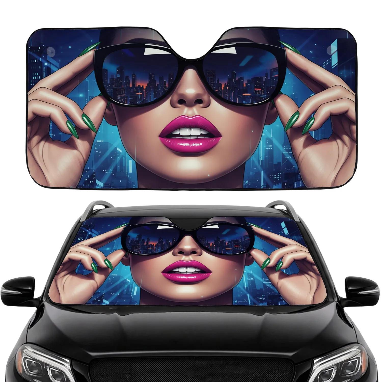 Glamorous Woman Face, Sleek Black Sunglasses, Urban Cityscape - Auto Decor Gift Car Sunshade - 1