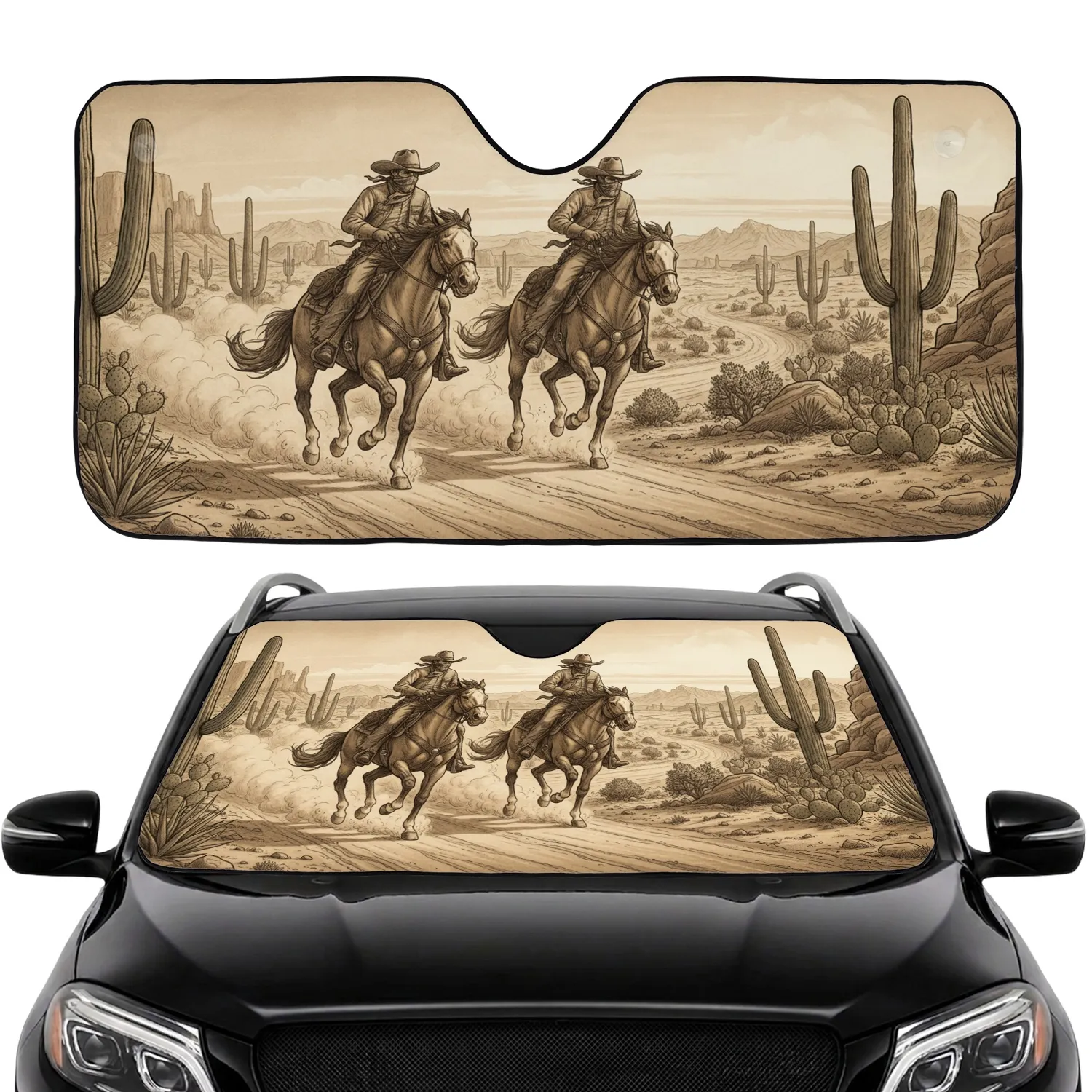 Rugged Western Cowboys Saguaro Cacti Horseback Desert Scene - Western Decor Gift Car Sunshade - 1