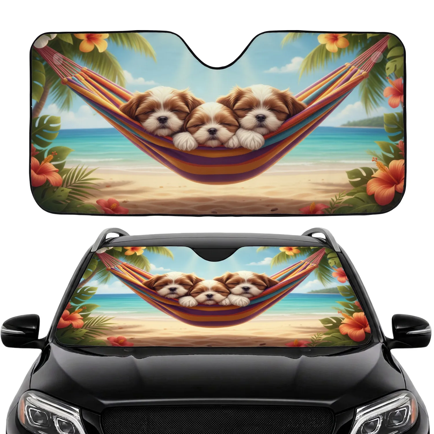 Shih Tzu Puppies Hammock Tropical Flowers Beach Ocean - Dog Lover Gift Car Sunshade - 1