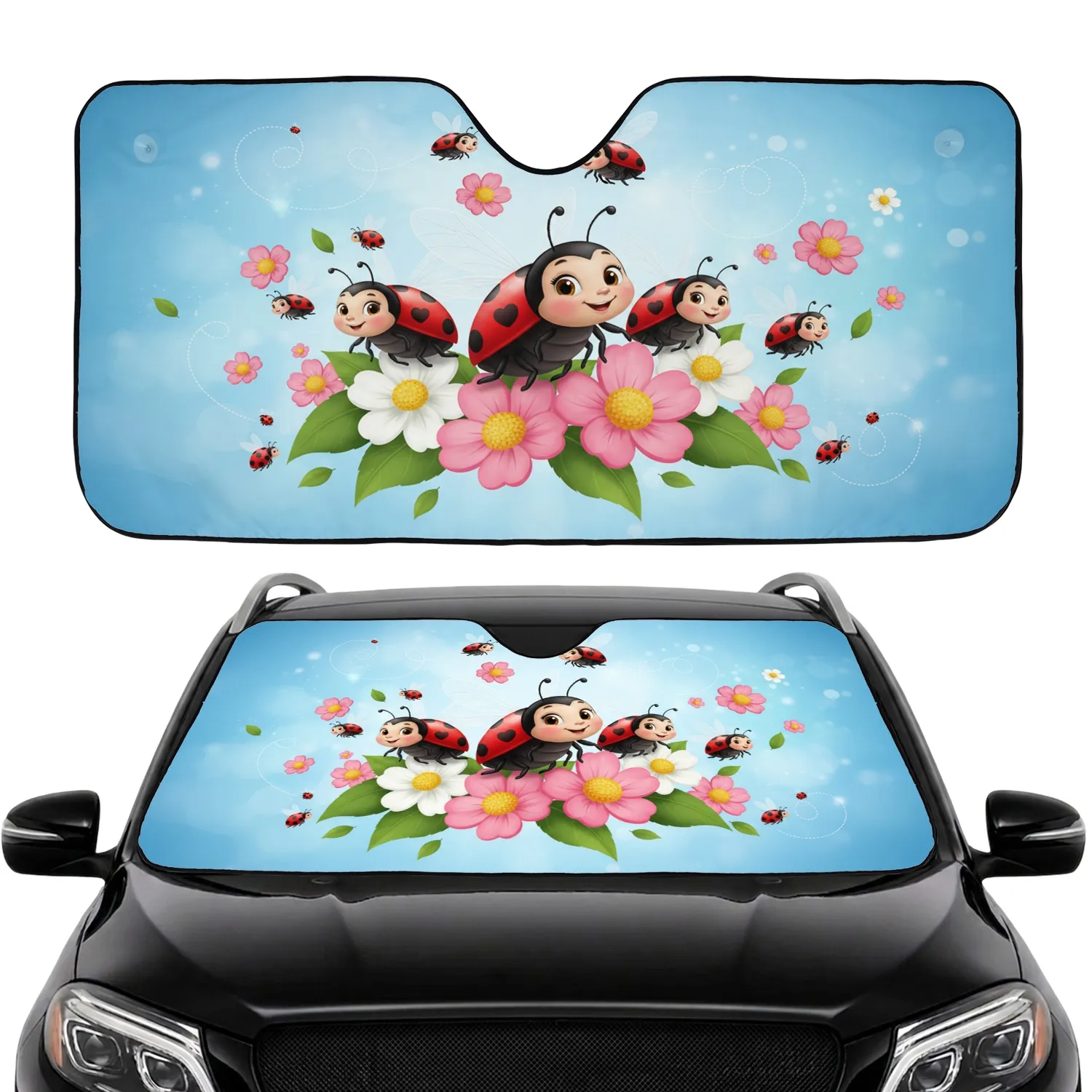 Heart Spot Ladybugs Flying Flowers Green Leaves Sky - Garden Decor Gift for Nature Lovers Car Sunshade - 1