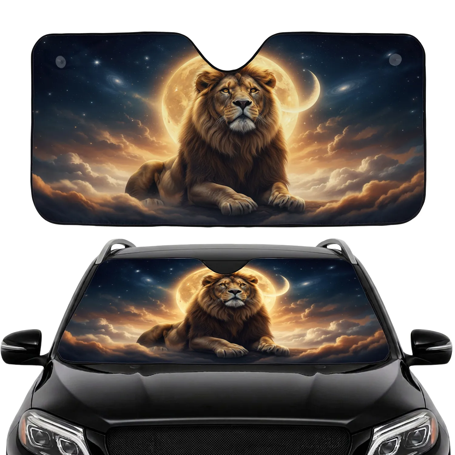 Regal Lion Golden Moon Stars Swirling Clouds Cosmic Night Sky - Wildlife Lover Gift Car Sunshade - 1