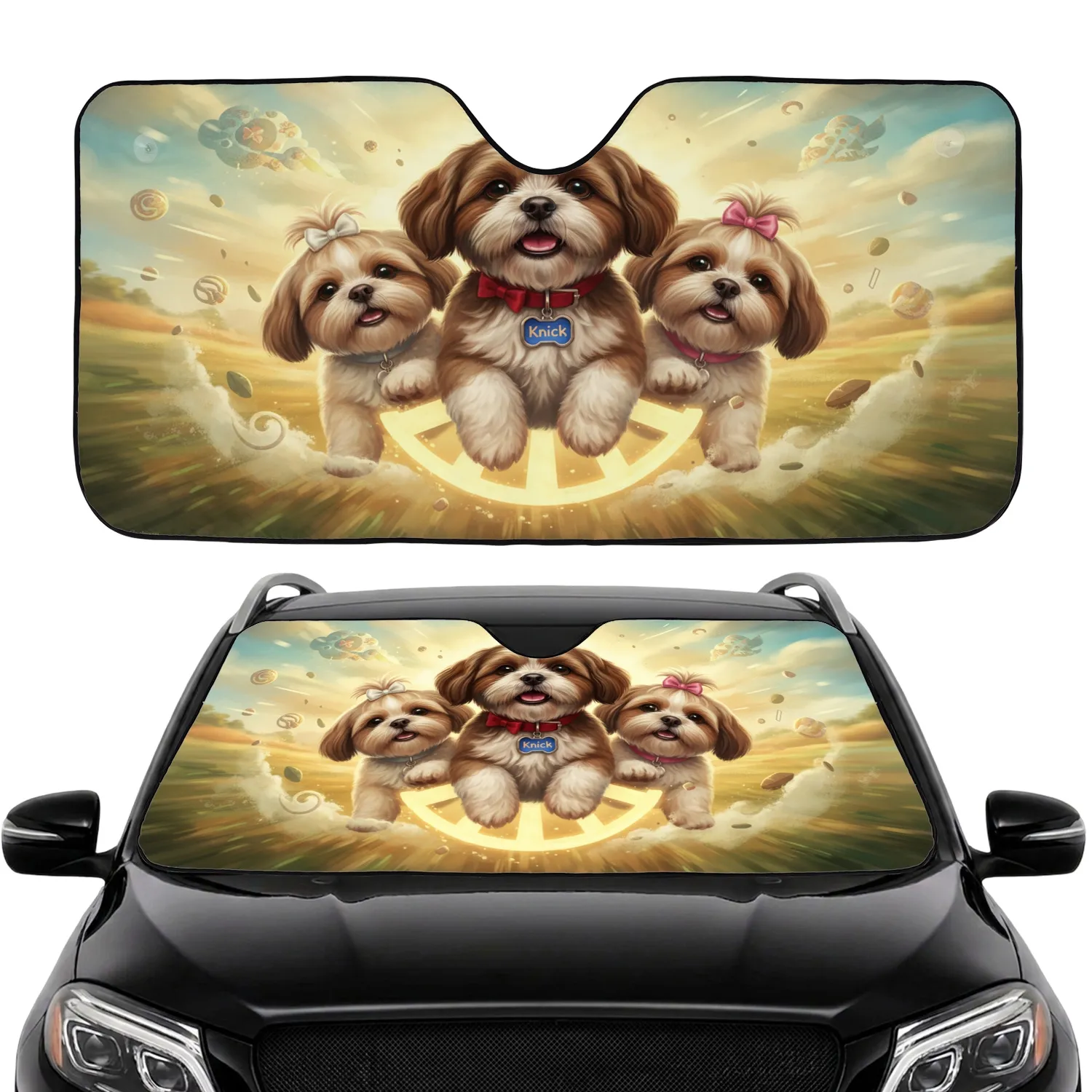 Three Sun-Drenched Shih Tzu Dogs Steering on a Journey - Dog Lover Car Gift Car Sunshade - 1