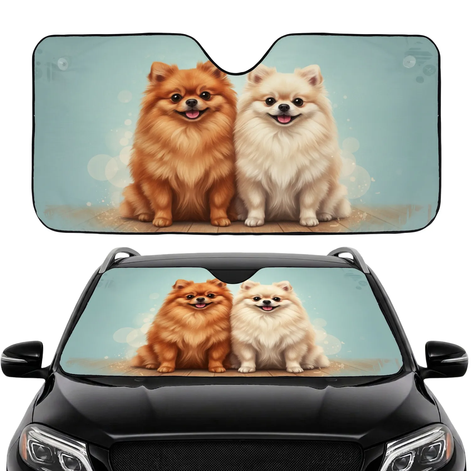 Fluffy Pomeranian Dog Couple Side-by-Side Warm Wood - Gift for Dog Lovers Car Sunshade - 1