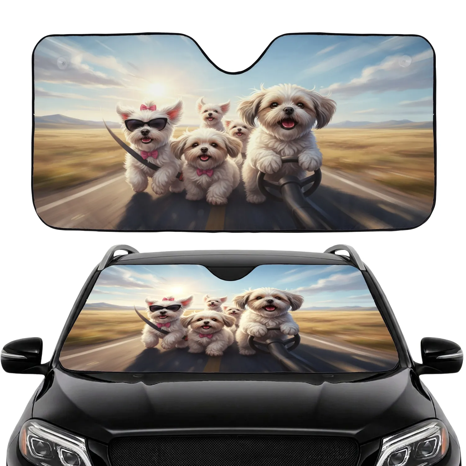 Fluffy Dogs Driving Sunglasses Road Trip - Sun Drenched Adventure Gift for Dog Lovers Car Sunshade - 1
