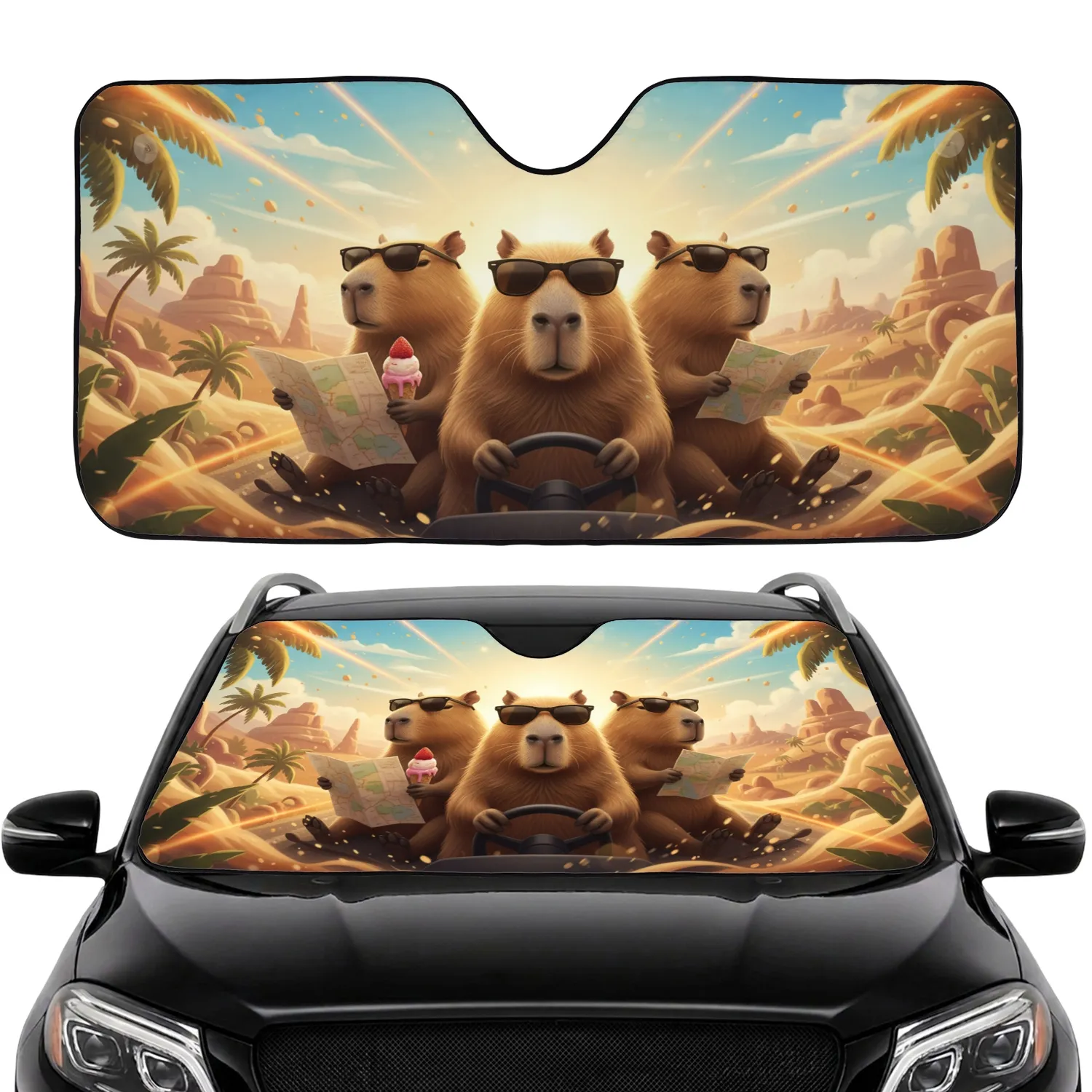 Cool Capybaras Driving Road Trip Adventure - Wildlife Lover Travel Essentials Car Sunshade - 1