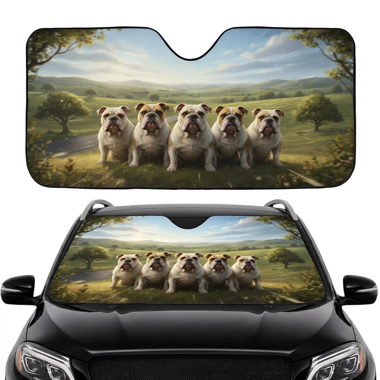 Majestic English Bulldogs Green Hills Road Trip - Open Air Adventure Pet Lover Gift Car Sunshade - 1