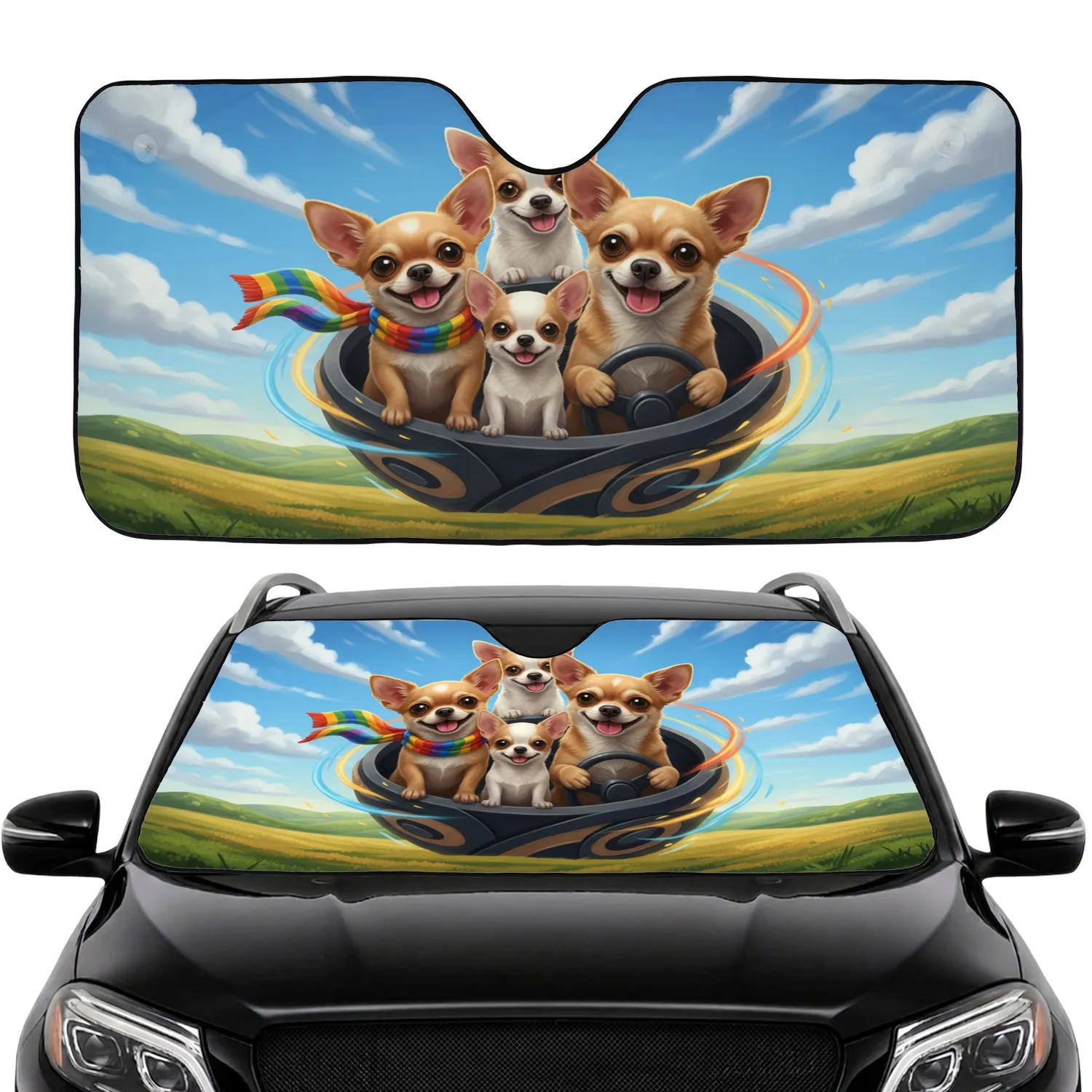 Four Chihuahuas Driving Rainbow Scarf - Open Road Adventure Gift Car Sunshade - 1
