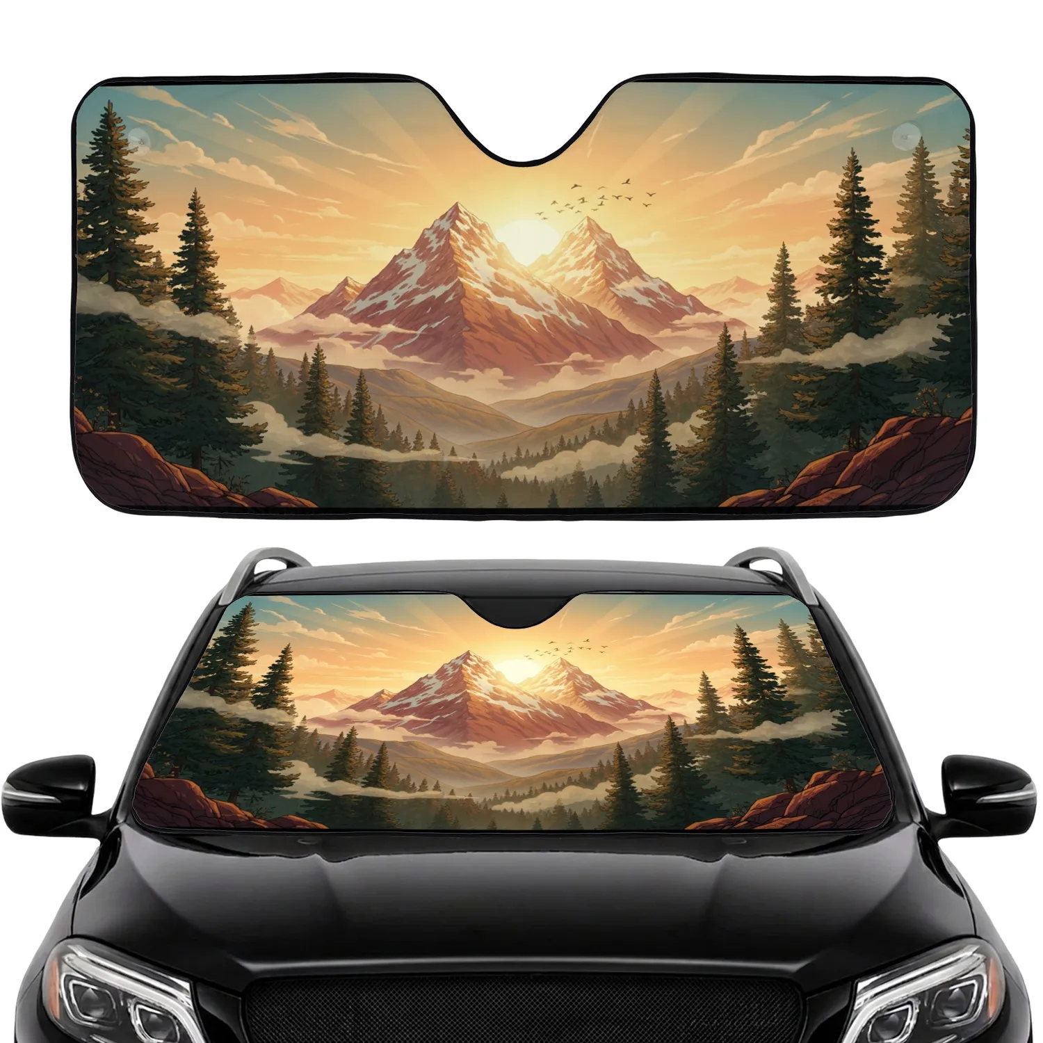 Majestic Mountain Peaks Golden Hour Forest Soaring Birds - Outdoor Adventure Gift Car Sunshade - 1