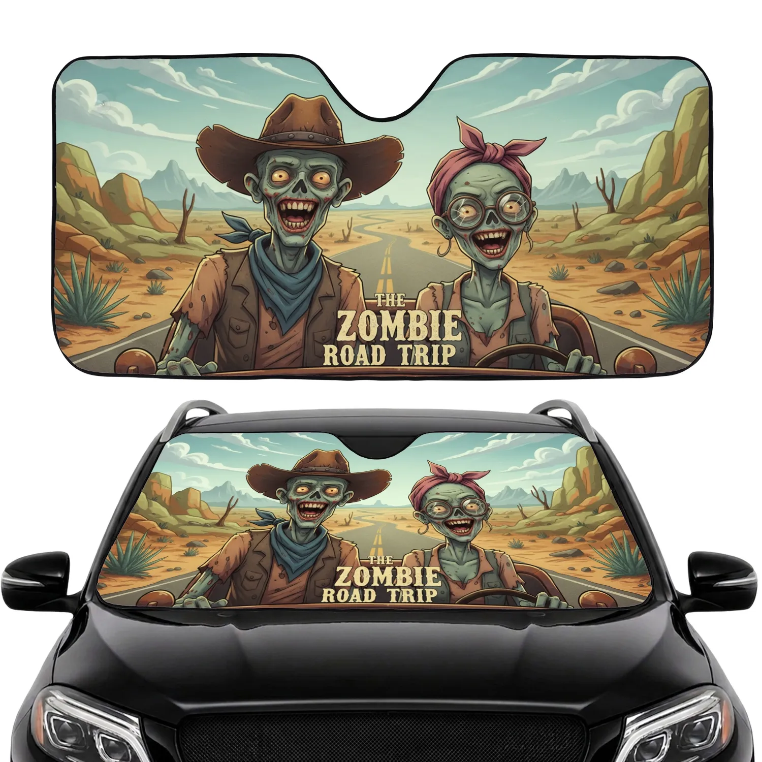 Cowboy Zombie Girl Zombie Desert Highway Trip - Adventure Lover Gift Car Sunshade - 1