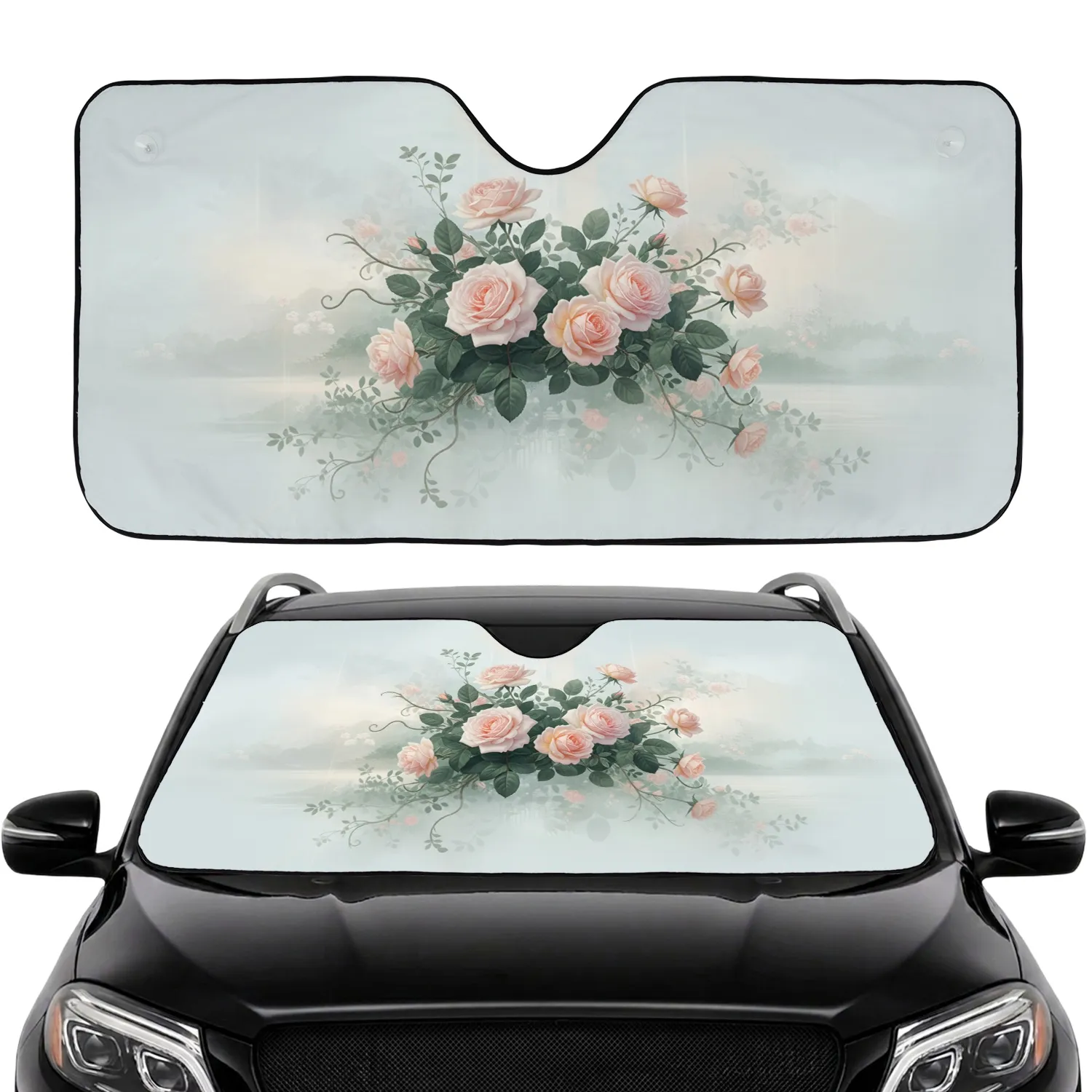 Botanical Light Pink Peach Roses Foliage Misty Landscape Car Sunshade - 1