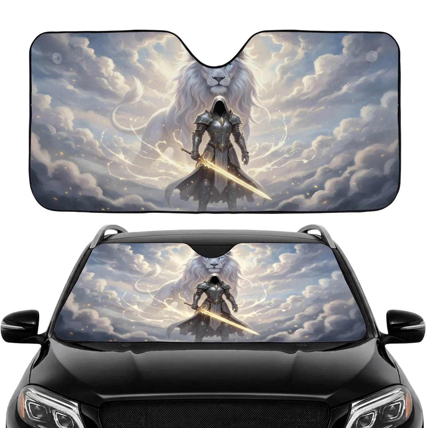 Ethereal White Lion, Armored Figure Golden Sword - Epic Fantasy Fan Gift for Adventure Lovers Car Sunshade - 1