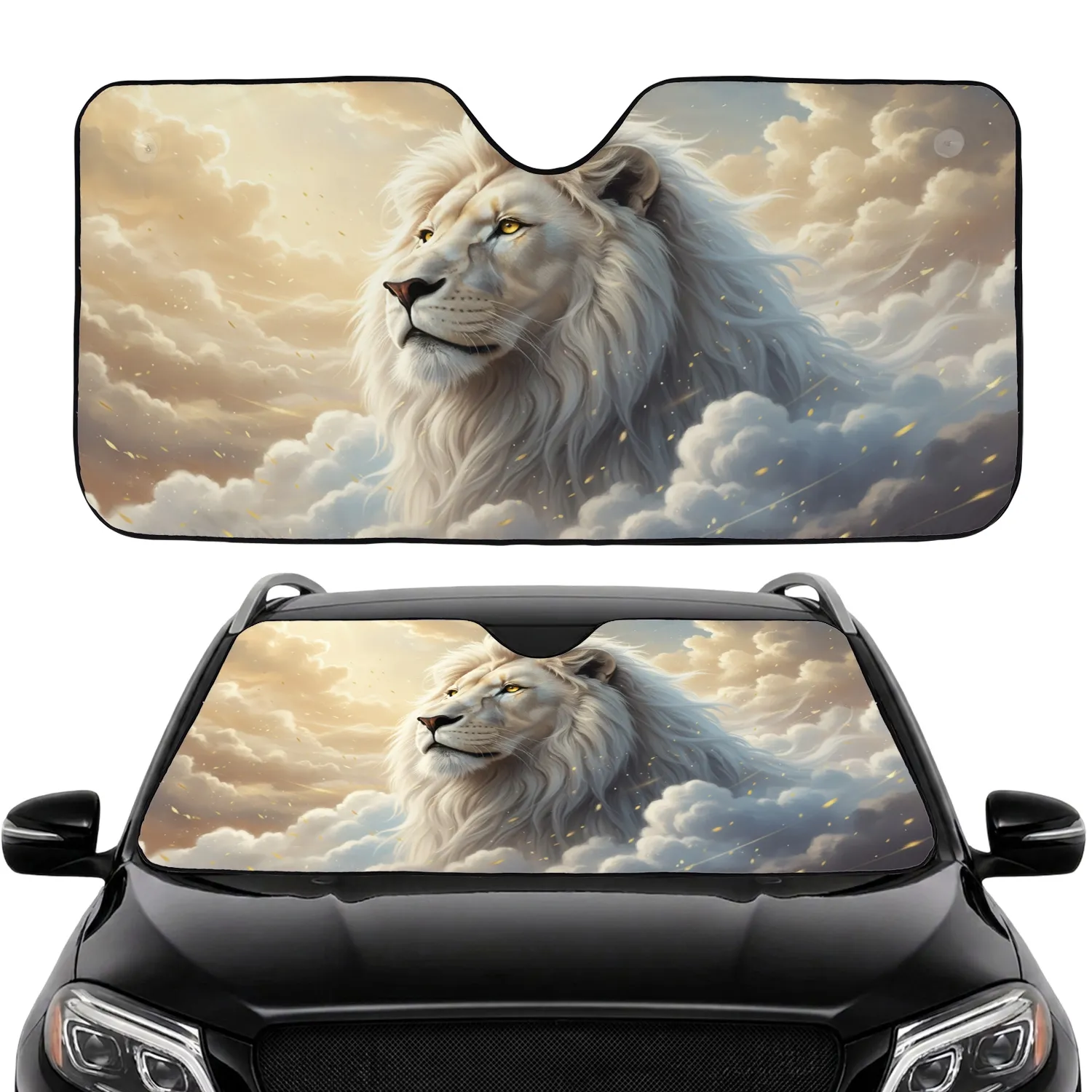 Regal White Lion Head Piercing Yellow Eyes Golden Cloudscape - Wildlife Lover Gift Car Sunshade - 1