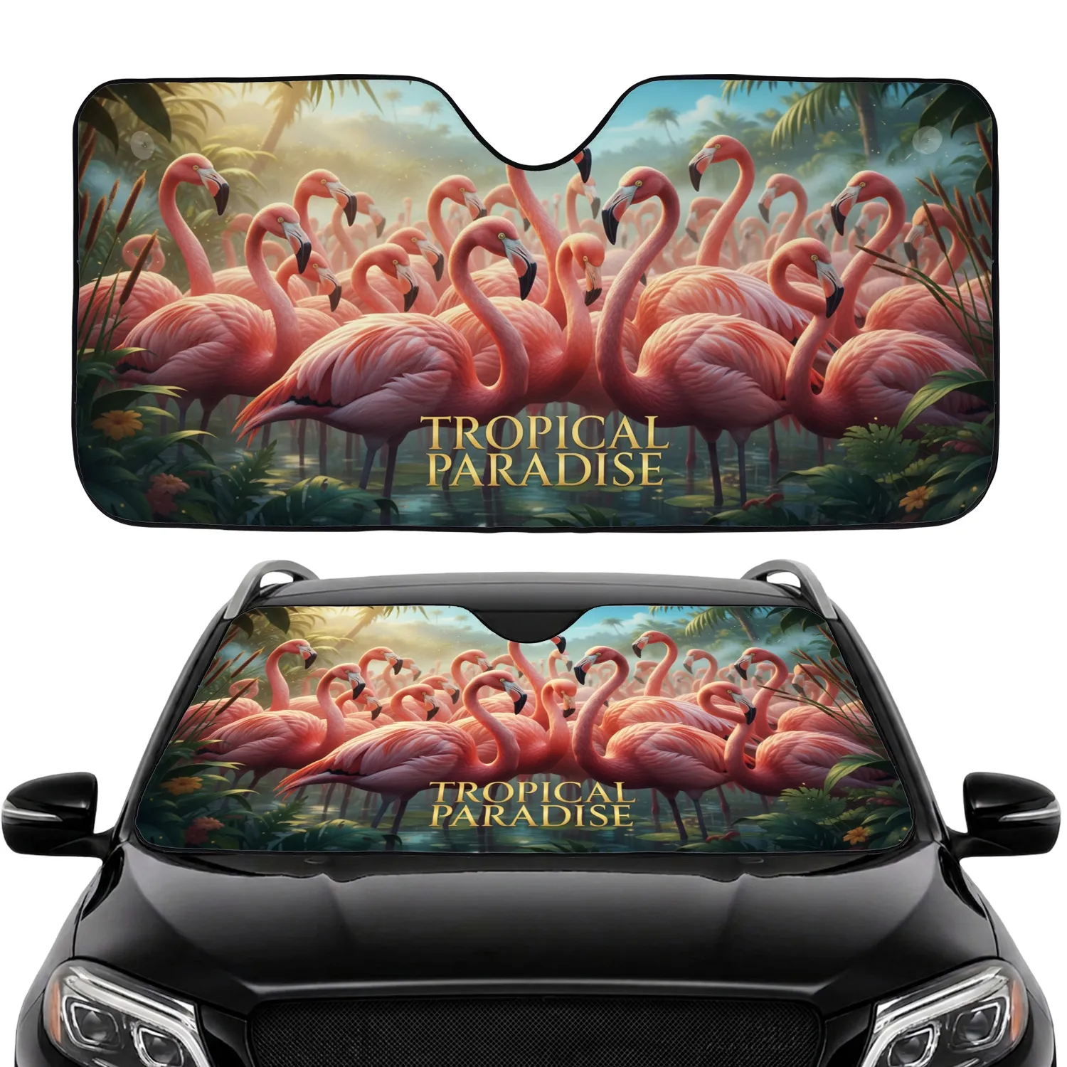 Flock of Pink Flamingos Tropical Wetlands Foliage - Wildlife Lover Gift Car Sunshade - 1