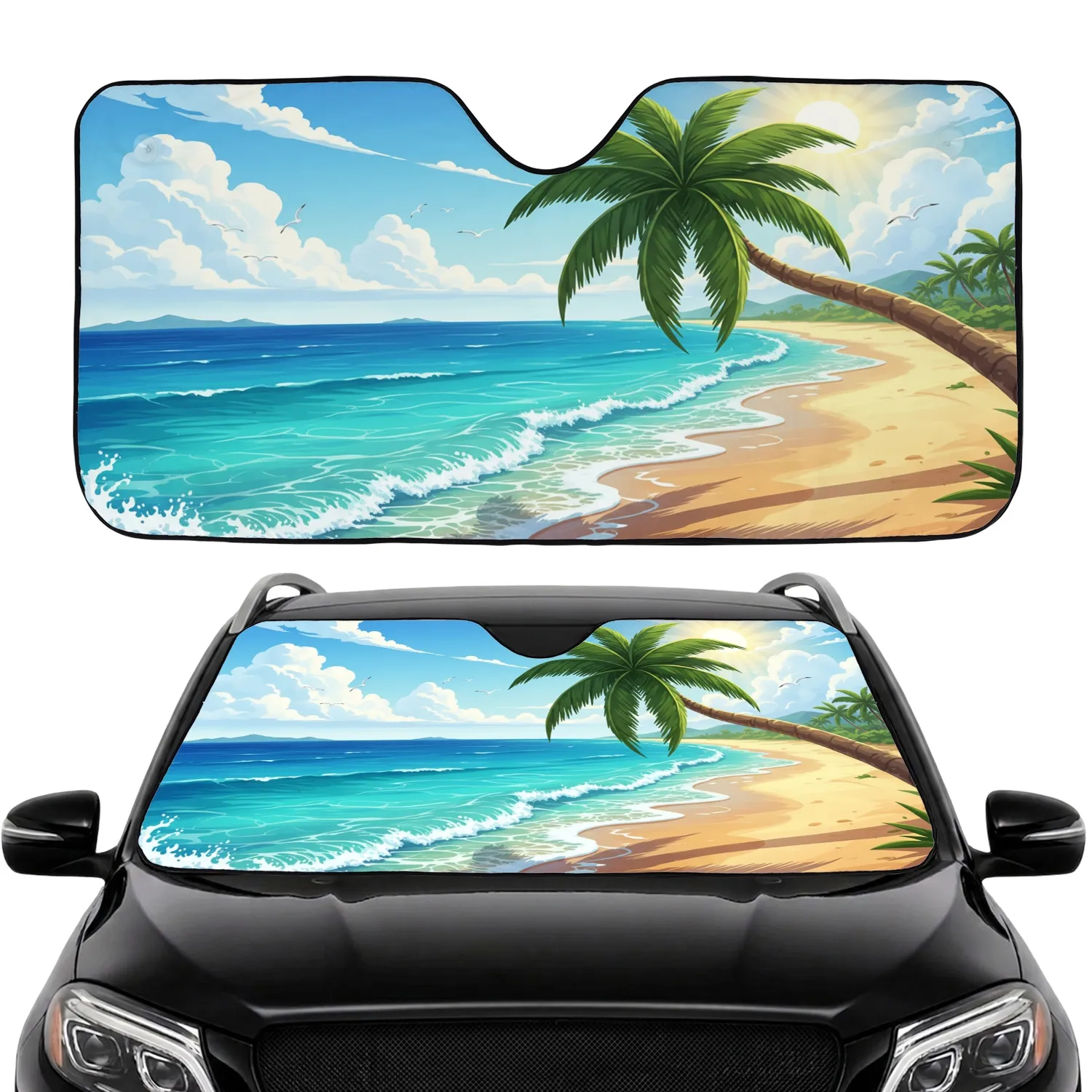 Majestic Palm Tree Golden Beach Turquoise Ocean - Tropical Travel Essentials Car Sunshade - 1