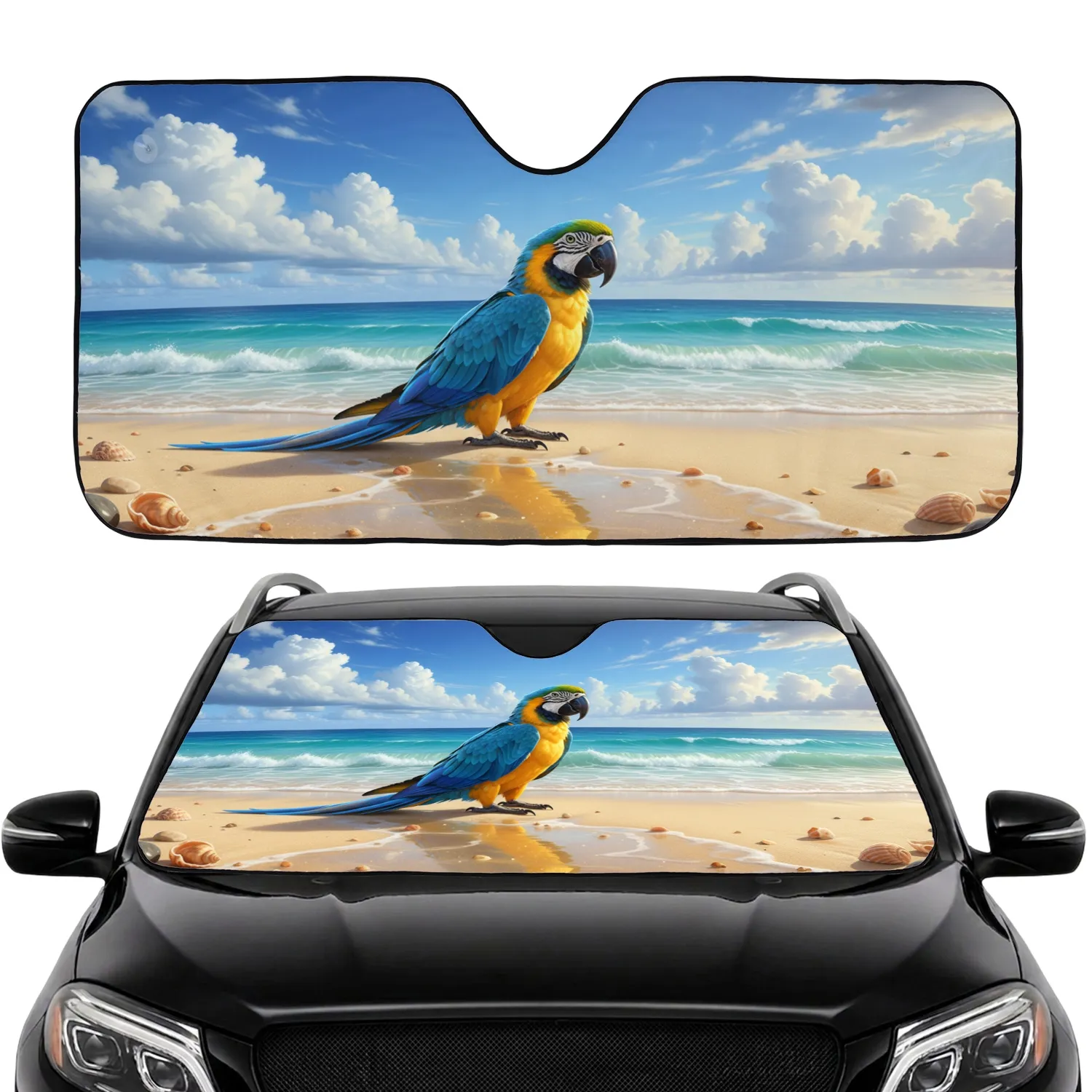 Blue-Yellow Macaw Tropical Beach Ocean Seashells - Wildlife Lover Gift Car Sunshade - 1