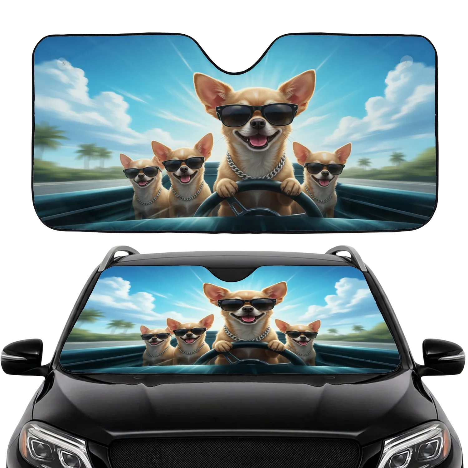 Four Dogs Sunglasses Steering Wheel Tropical Scene Summer Road Trip Adventure Gift Car Sunshade - 1