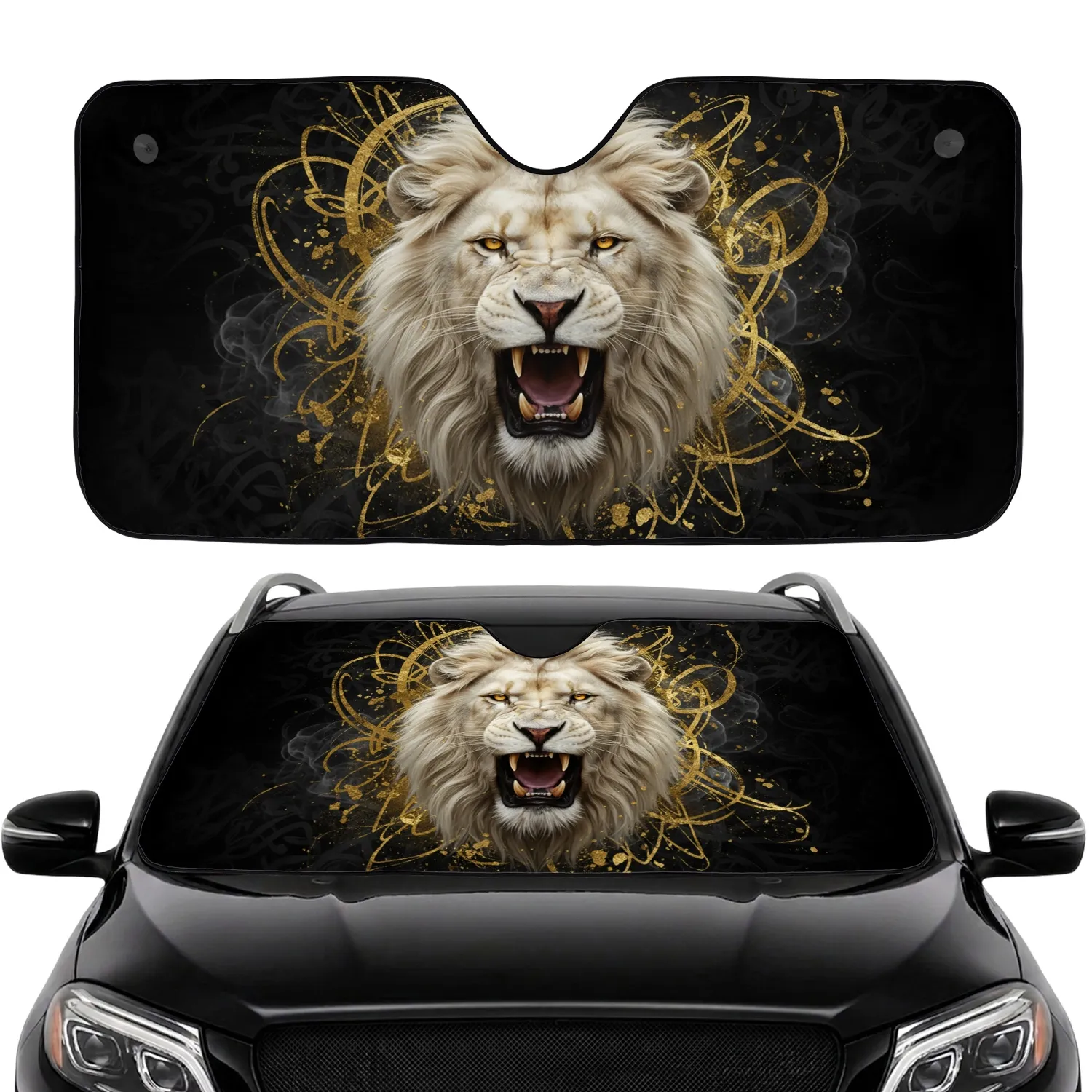 Majestic Roaring White Lion Head Gold Accents - Powerful Wildlife Car Accessory Car Sunshade - 1