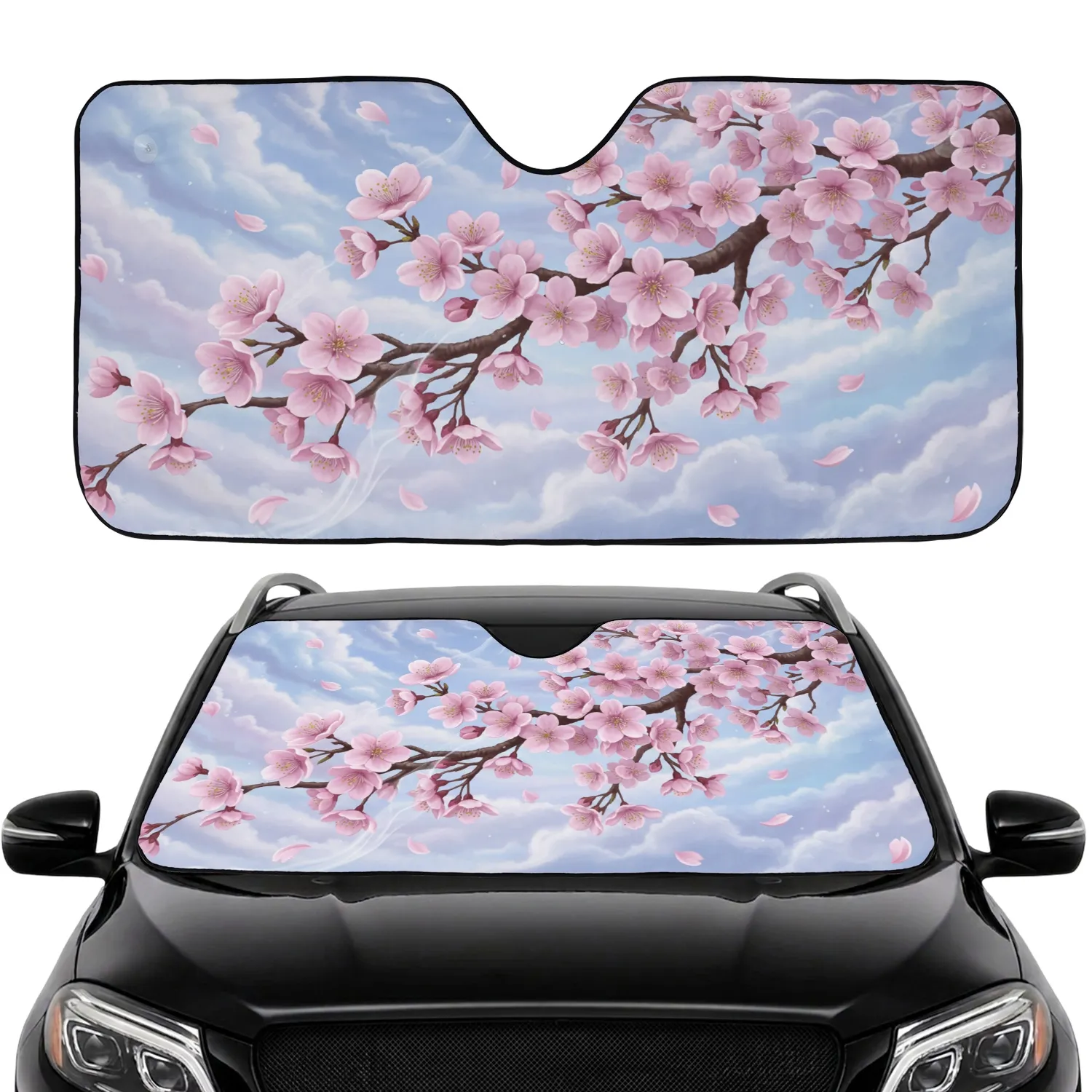 Lush Cherry Blossom Pink Flowers Falling Petals Dewdrops Clouds - Nature Lover Gift Car Sunshade - 1